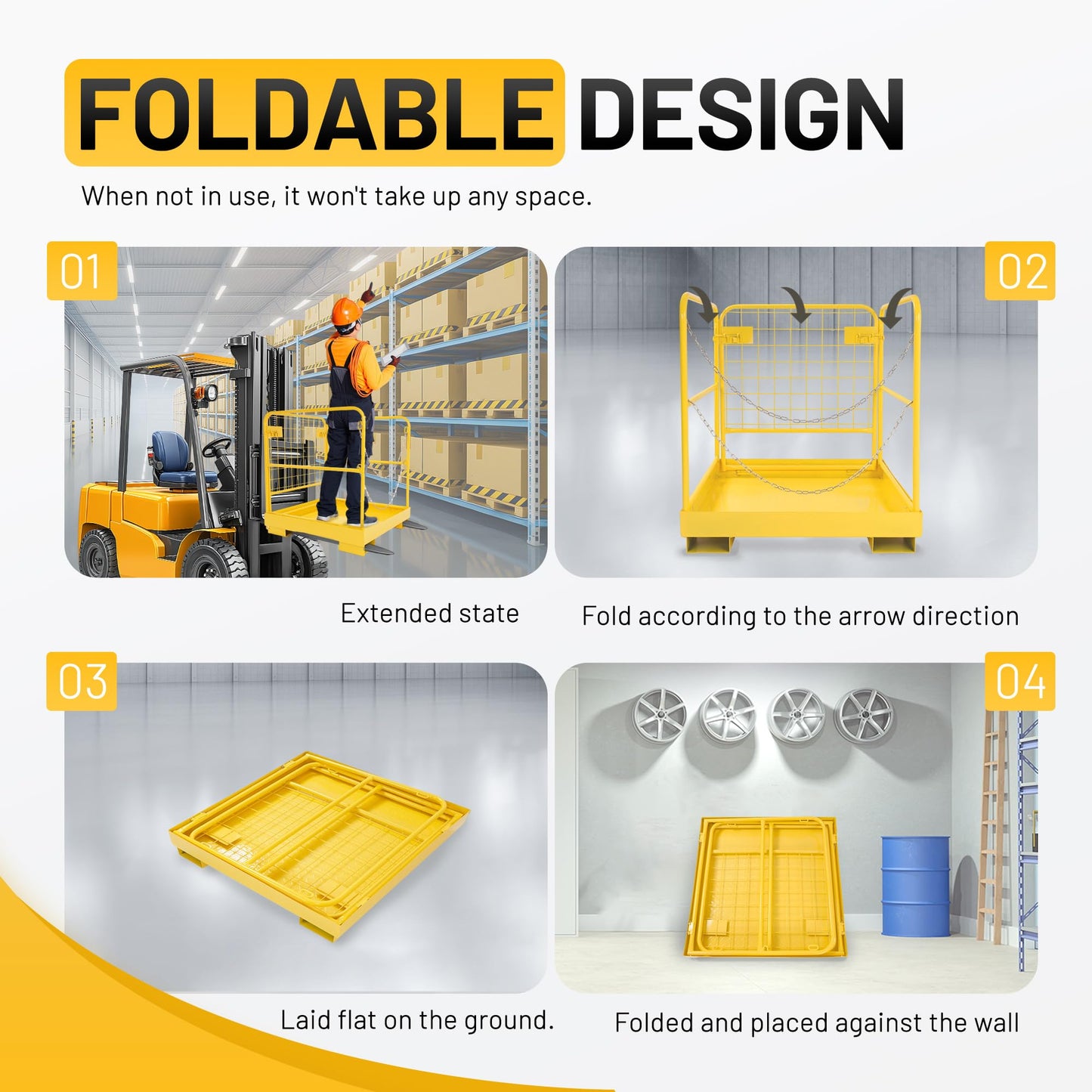 KUAFU Heavy Duty Steel Forklift Safety Cage - 36x36 Foldable Work Platform, 1200 LBS Load Capacity