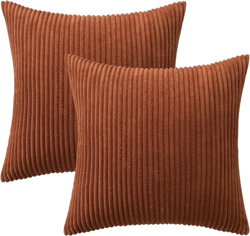 MIULEE Decorative Corduroy Throw Pillow Covers - Soft Square Cushion Cases, 18 x 18 Inch, Dark Rust (Pack of 2)
