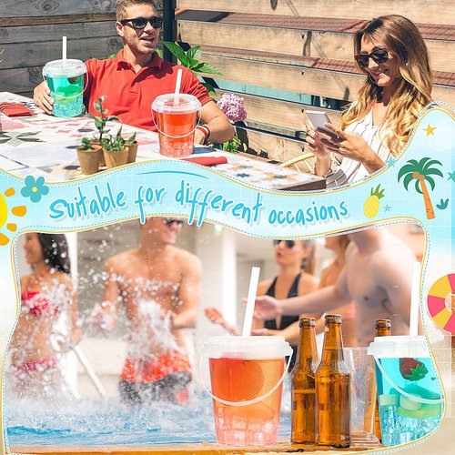 Funnymoom 100 Set 34oz Clear Plastic Drink Buckets with Lids and Straws Disposable Iced Coffee Cups Rum Buckets for Cocktail Parties Smoothie Cup Bulk with Handles for Beach Pool Party Supplies