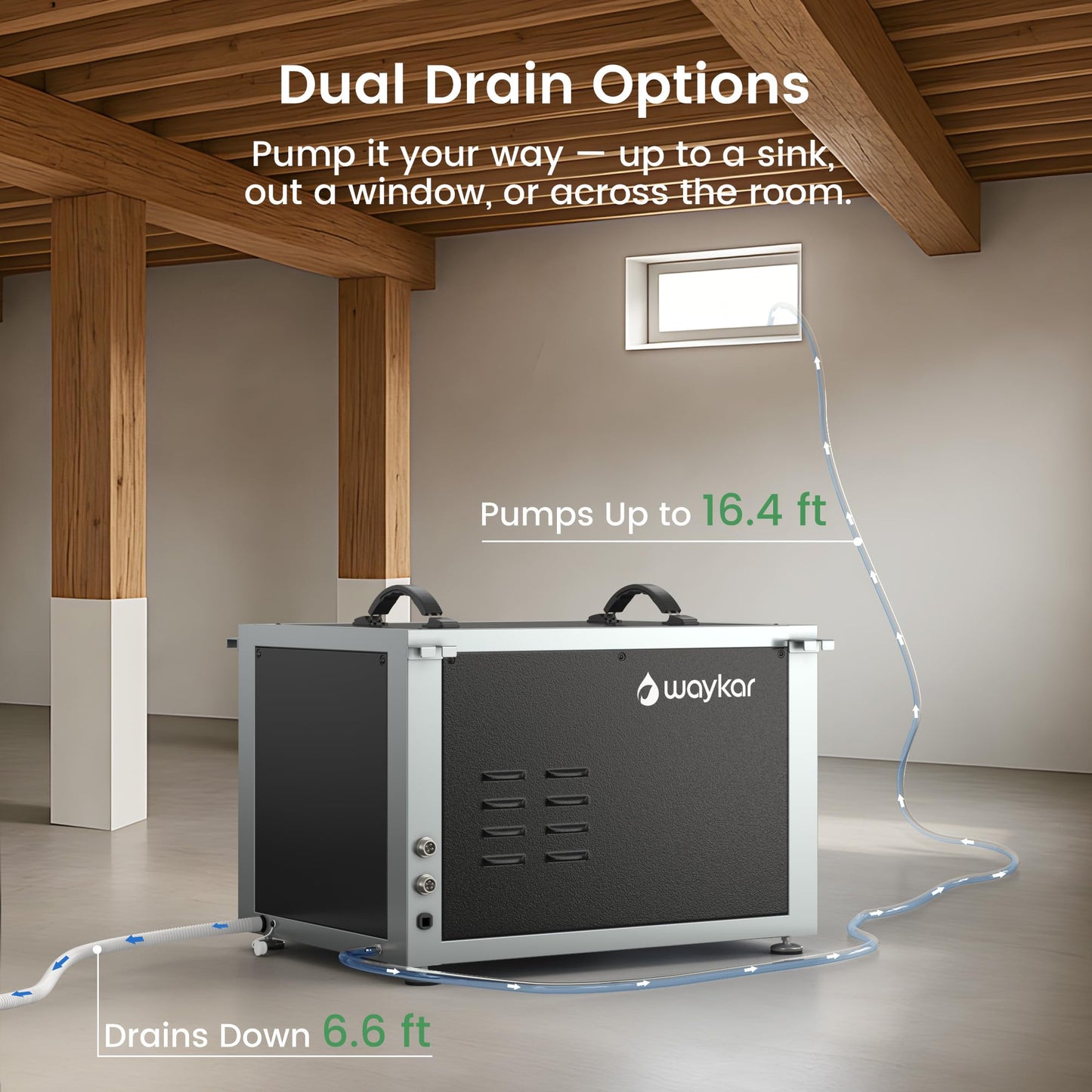 Waykar 125 Pints Crawl Space Dehumidifier with Remote Control and Pump, Dual Duct HVAC Commercial Whole-House Dehumidifier for Basement, Industrial Water Damage Unit - 5-Year Quality Coverage
