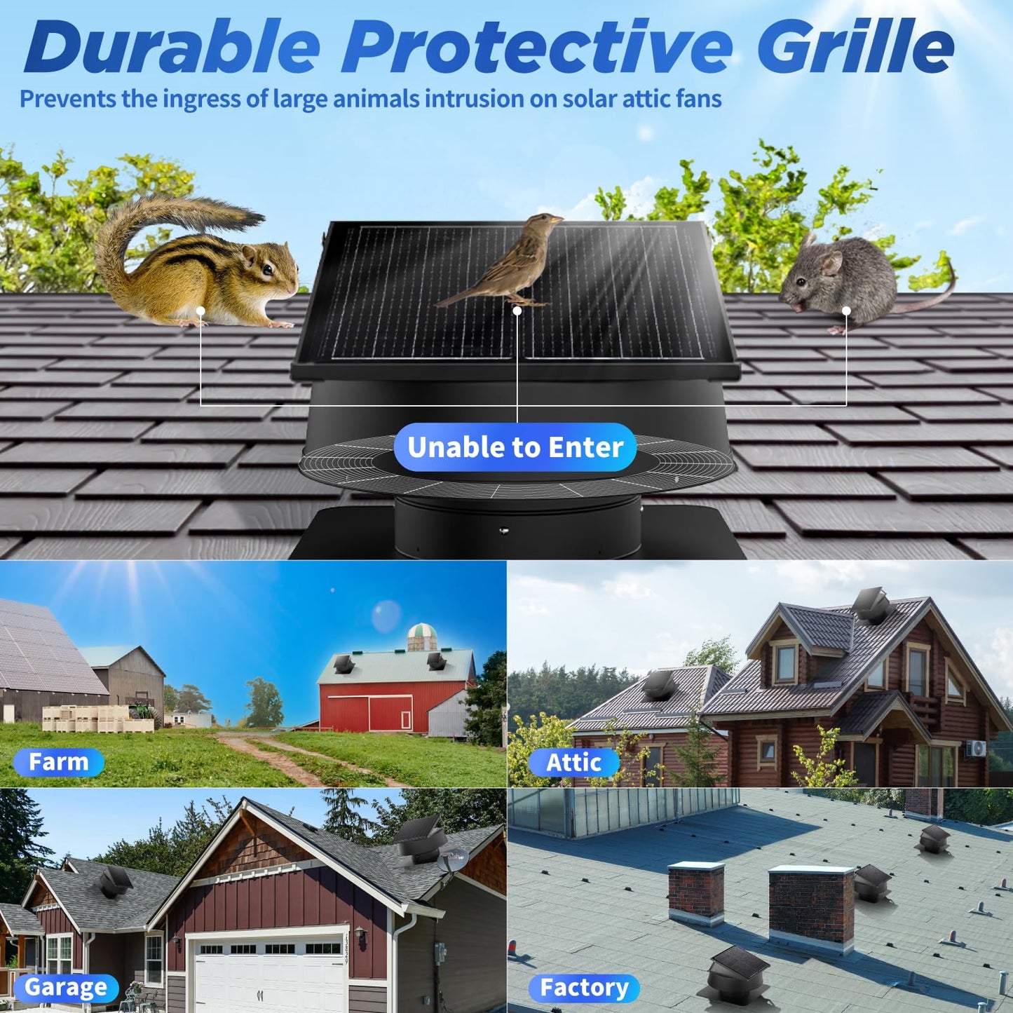 BINGLUX 55W Solar Attic Fan with Thermostat, 12" 1300CFM Hybrid Solar Roof Vent Fan, Brushless Waterproof Solar Powered Attic Exhaust Fan Auto On/Off for Roof, Attic, Garage, Shed, Greenhouse