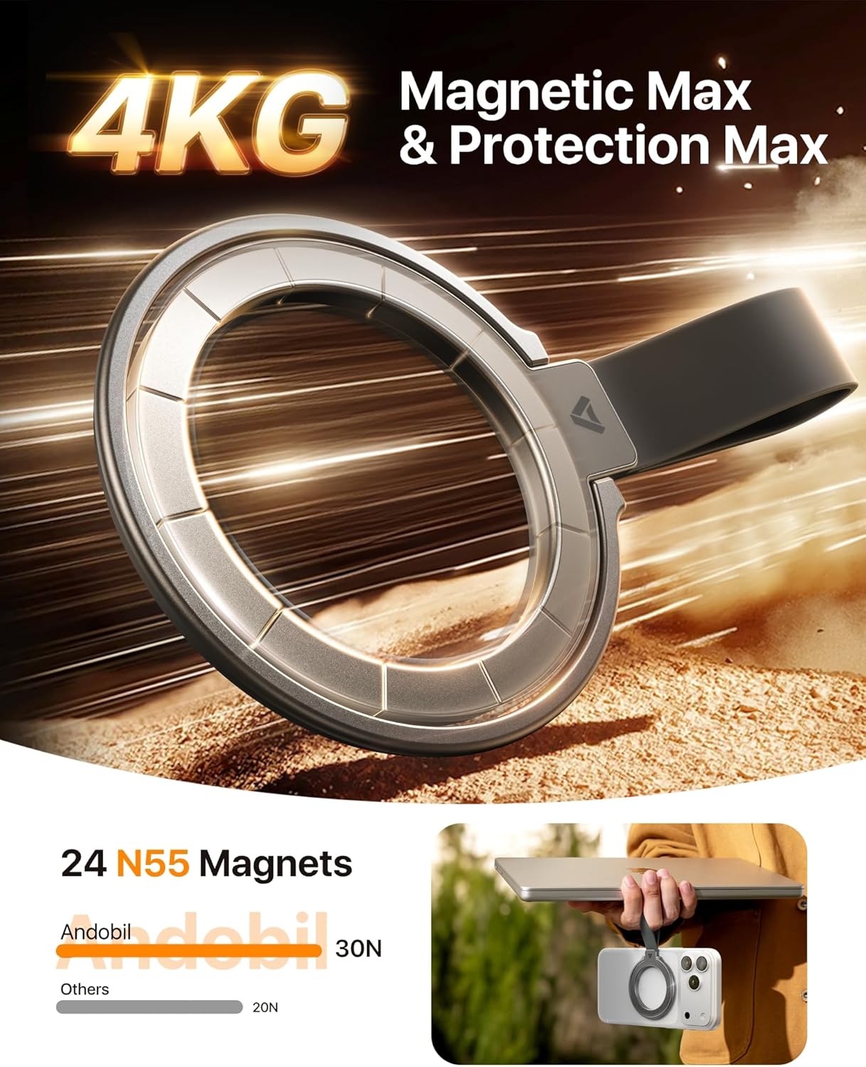 andobil [2026 17 16 15/14/13/12&Android, Unrivaled Stability] Magnetic Phone Grip Holder for MagSafe Ring Stand Holder