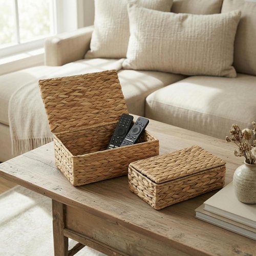 Decorative Storage Boxes - Set of 2 Stylish Wicker Organizer Bins for Home Decor | Safely Store Photos & Keepsakes
