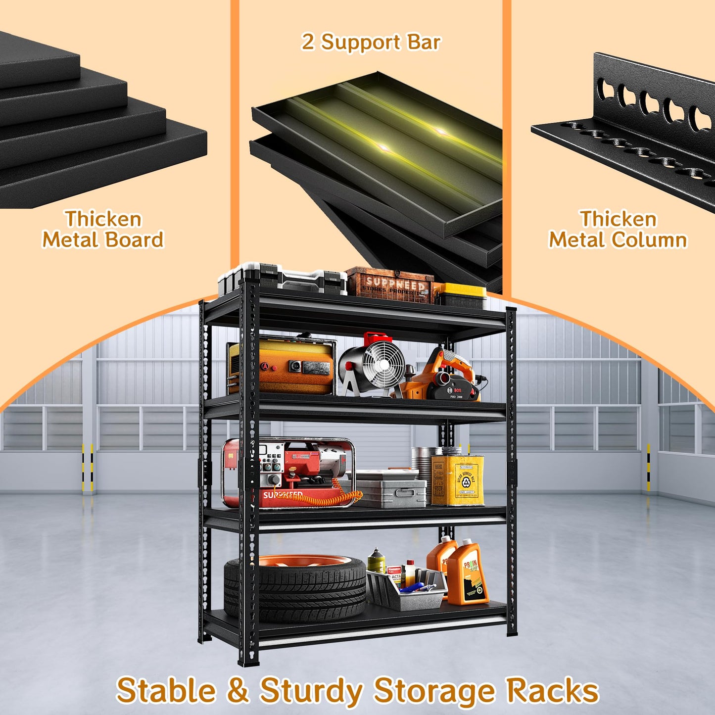 SUPPNEED Metal Storage Garage Shelving: 48'' Wide 2,000Lbs Freestanding Utility Shelves, Adjustable Heavy Duty Rack Units 4 Tier Black 48" W x 16" D x 66" H