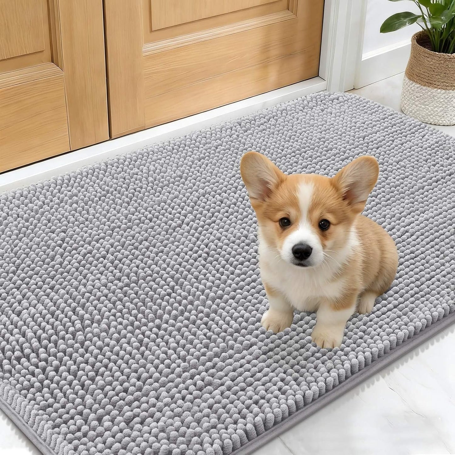 OLANLY Dog Door Mat - Absorbent Non-Slip Mud Mat for Indoor Use | Quick Dry Chenille, 24x16, Light Grey