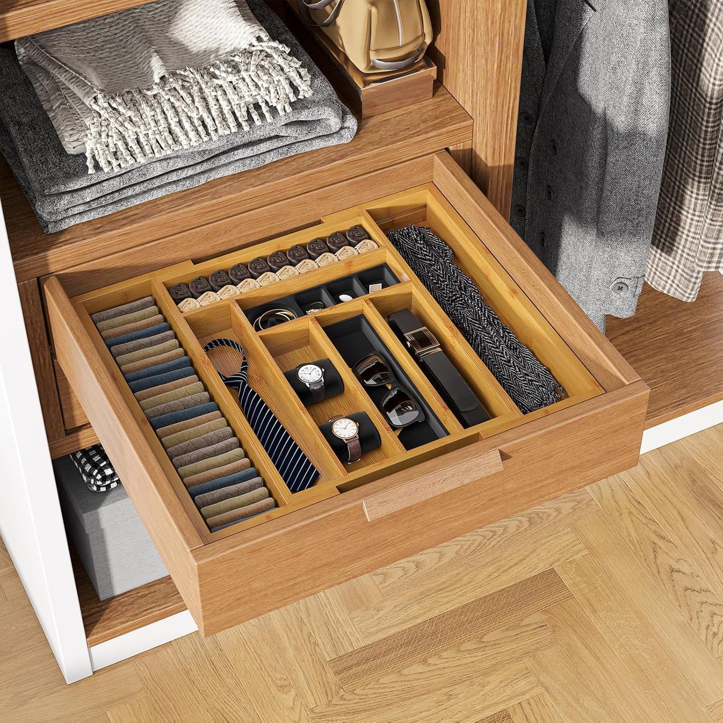 Pipishell Bamboo Silverware Drawer Organizer - Adjustable Utensil Tray for Kitchen & Home Storage
