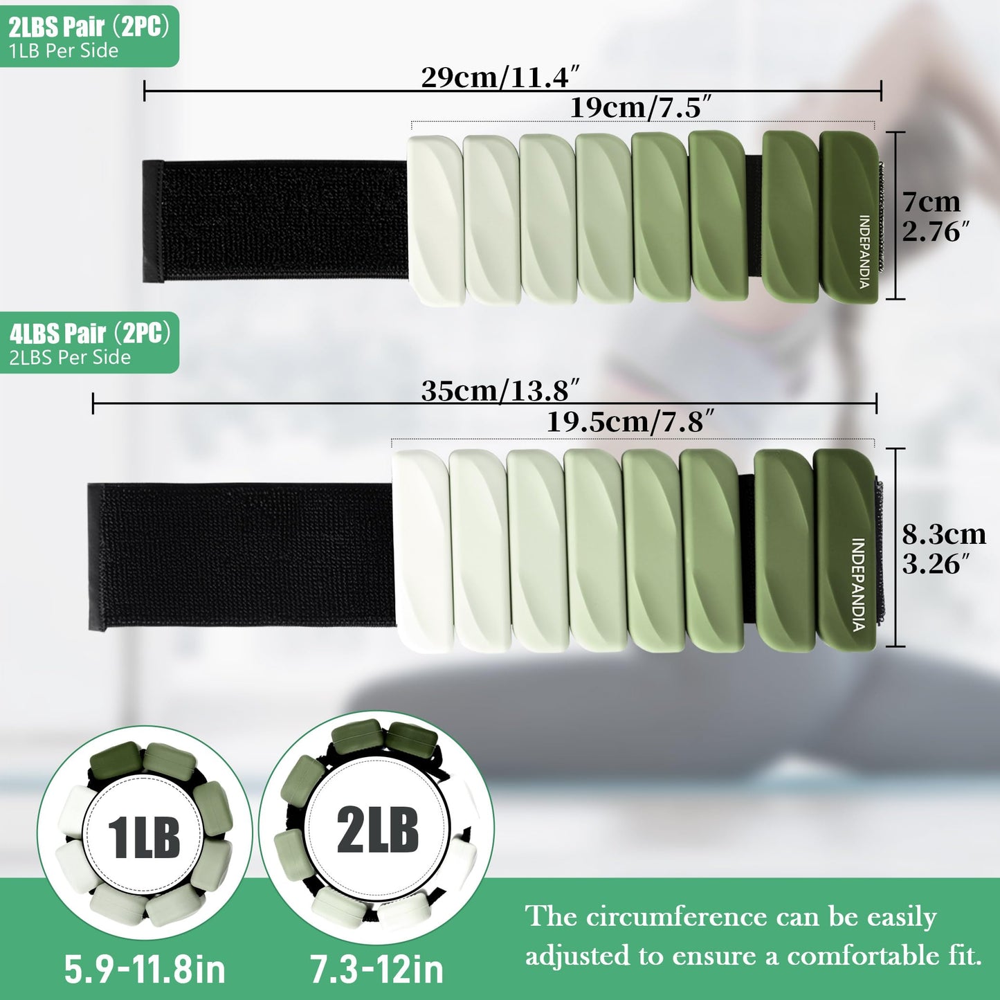 INDEPANDIA Wrist & Ankle Weights for Women and Men, 2lbs Pair Adjustable Silicone Weighted Bangles for Arm & Leg Workouts, Perfect for Pilates, Yoga, Walking & Home Fitness Training, Gradient Green