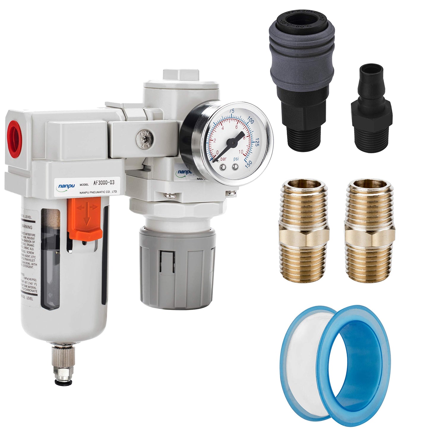 NANPU 3/8" NPT Compressed Air Filter Regulator Combo Piggyback, 5 Micron Element, Poly Bowl, Semi-Auto Drain, Bracket, Gauge (ARF3000)