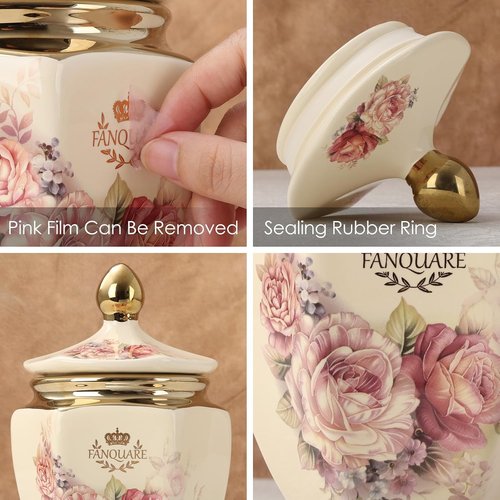 Fanquare Vintage Royal Style Canisters - Floral Porcelain Sugar Bowl Set of 3 with Gold Trim & Airtight Lid