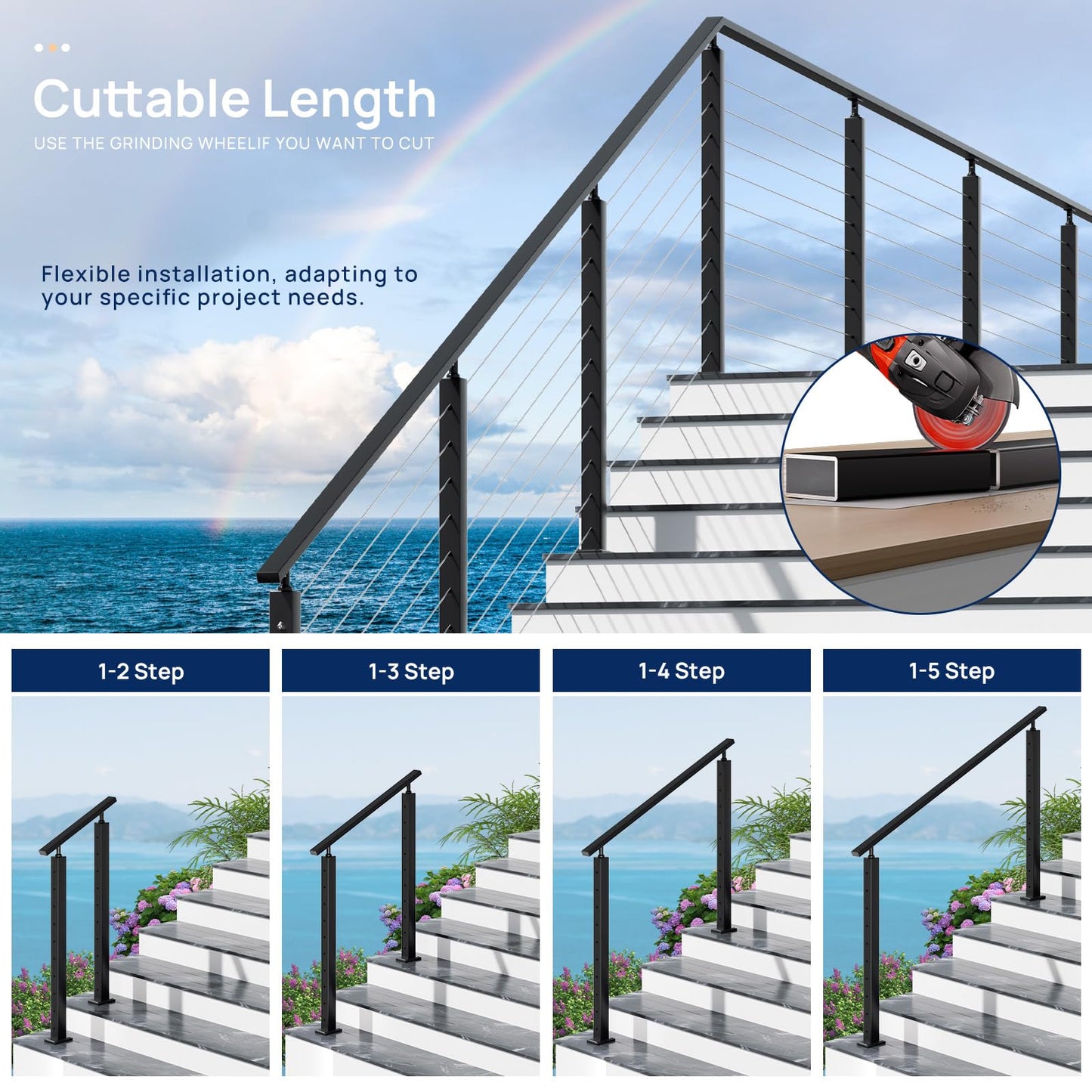 4 Pack 10FTx 2"x1" Aluminum Black Handrail with Self Drilling Screws Nylon End Caps, AAMA 2604 Coating, 2.8mm Thick Flat Handrail Cuttable Top Rail for Deck Stair Railing Indoor Outdoor