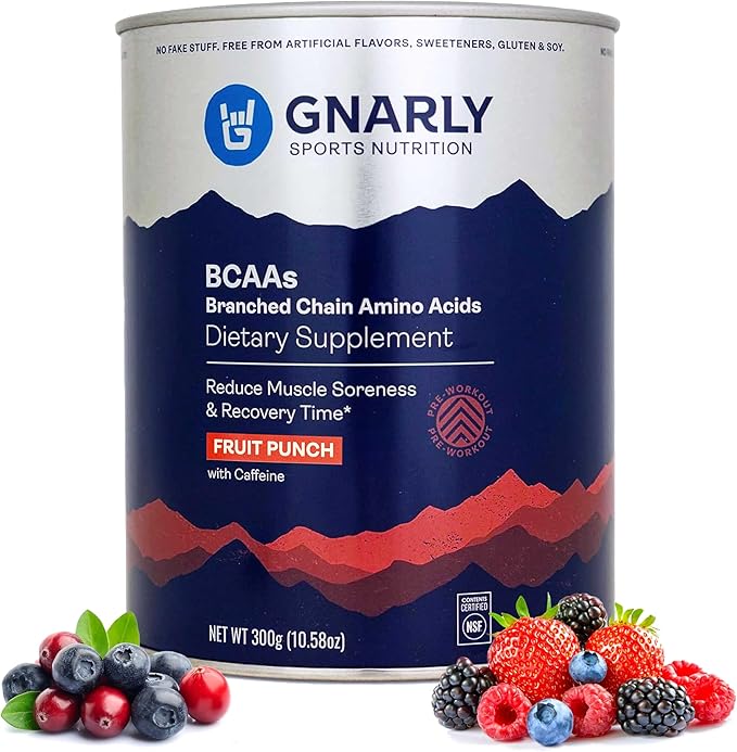 Gnarly Nutrition BCAA Powder, Fruit Punch ??Pre-Workout BCAAS Amino Acids ??NSF Sport Certified ??Supplement to Support and Rebuild Muscle ??Fruit Punch with Caffeine, 10.58 oz