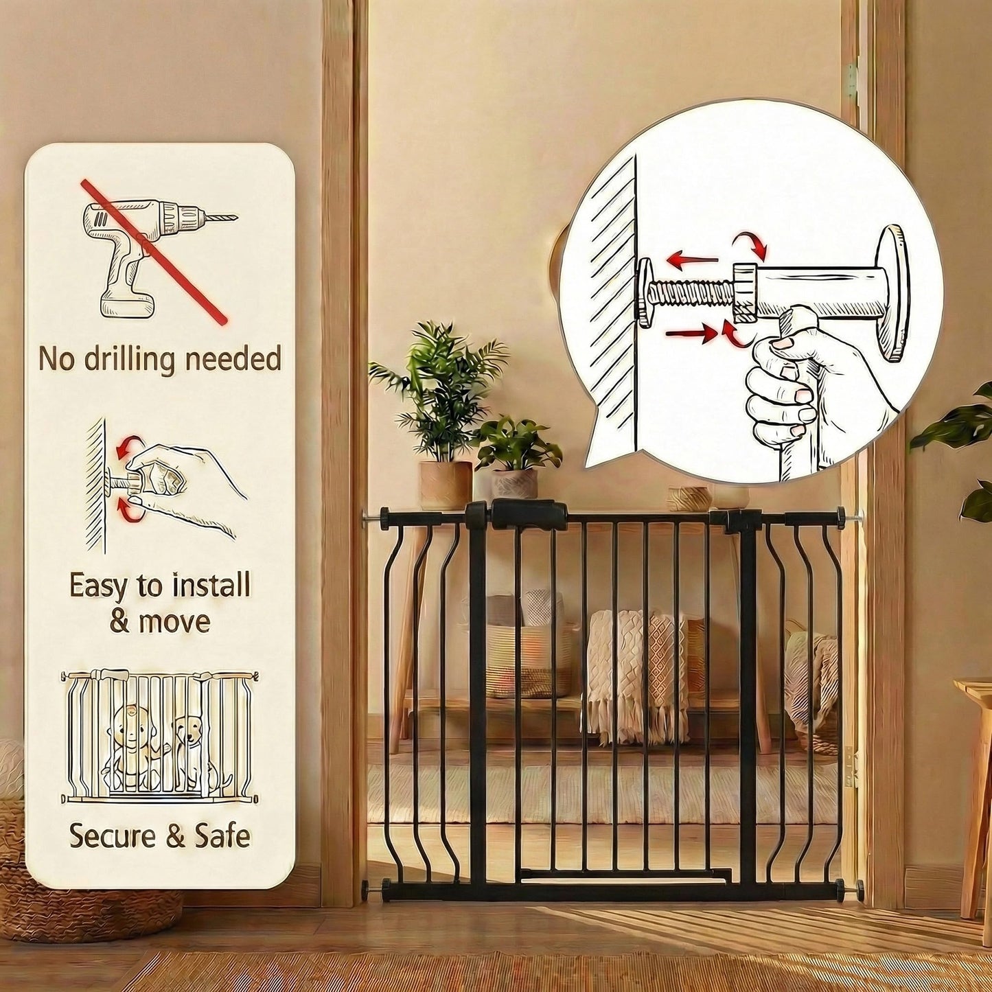 Heavy Duty Baby & Pet Safety Gate - Extra Wide 76.4-81.1 Inch, Black Metal, Pressure Mounted, Walk-Through