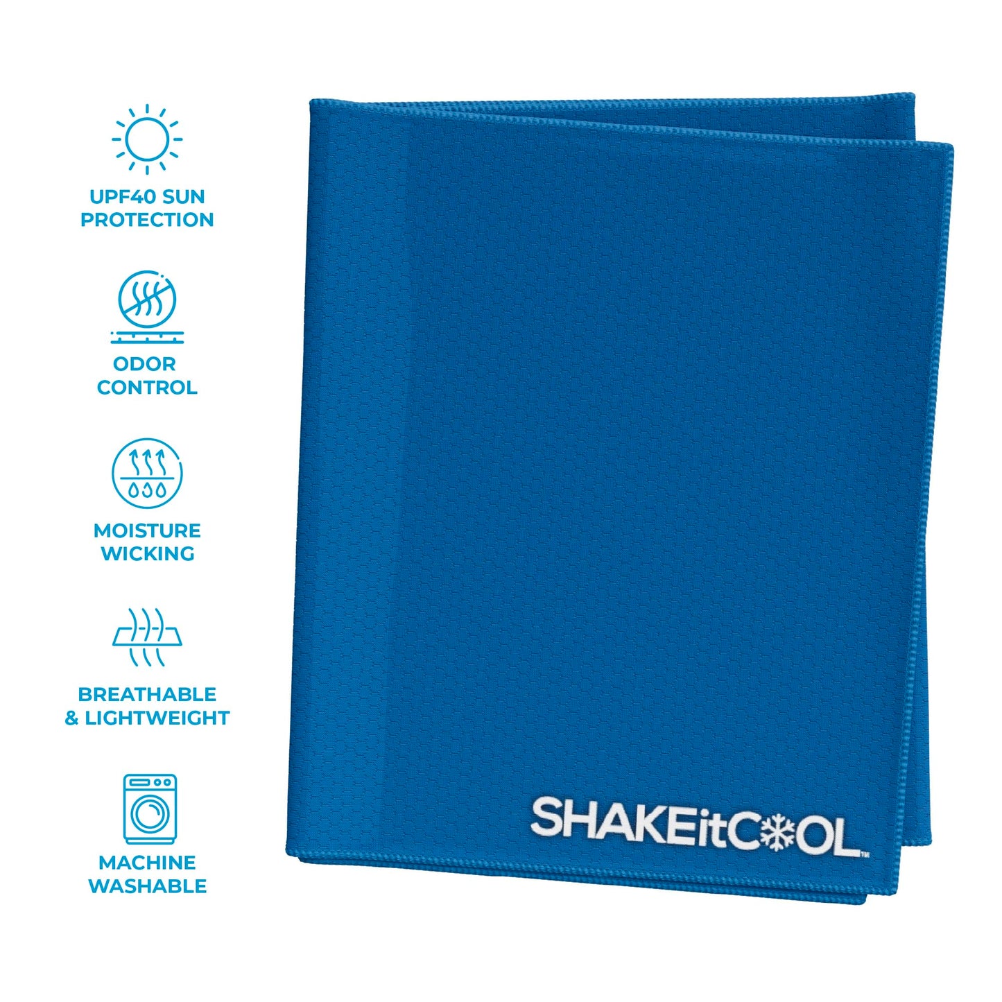 SHAKEitCOOL Extended Size Cooling Towel – Be Cool in Style - Heat Relief, Soft, Lightweight, Sun Protection, Easy Clean - Perfect for Biking, Hiking, Running, Yoga, Golf, Gardening - Blue M