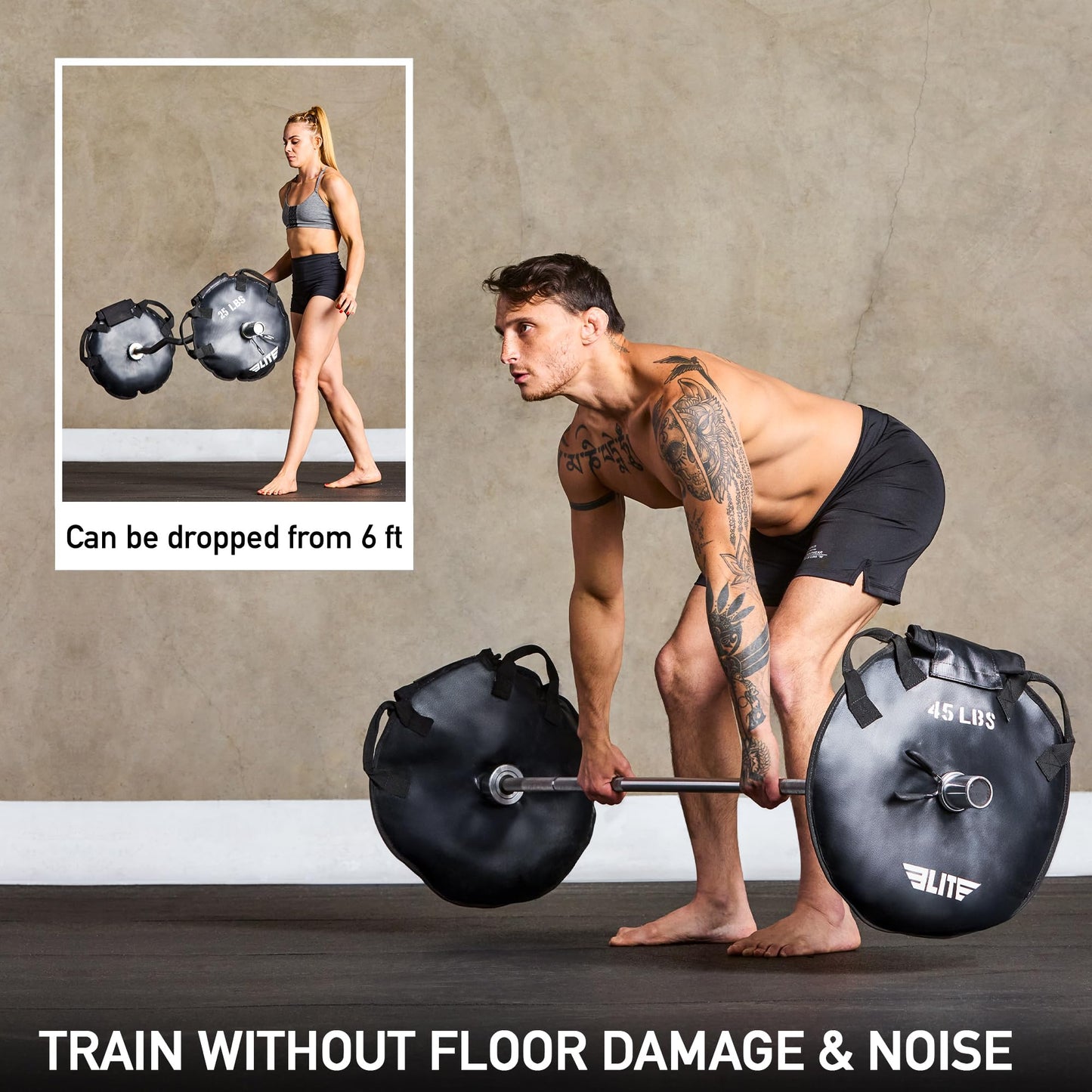 Elite Sports Unfilled Workout Sand Plates (Set of 2) Olympic Weight Plates for Barbell Training, Drop-Proof Waterproof TPU Material, 10/15/25/35/45 LB, Strength, Home Gym and Functional Fitness