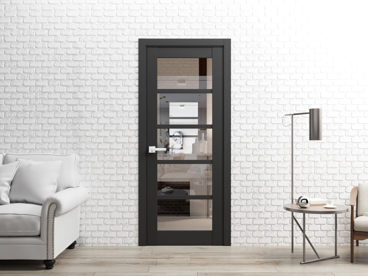 SARTODOORS Solid Interior French 24 x 84 inches | Quadro 4522 Matte Black with Clear Glass | Single Regular Panel Frame Trims Handle | Bathroom Bedroom Sturdy Doors