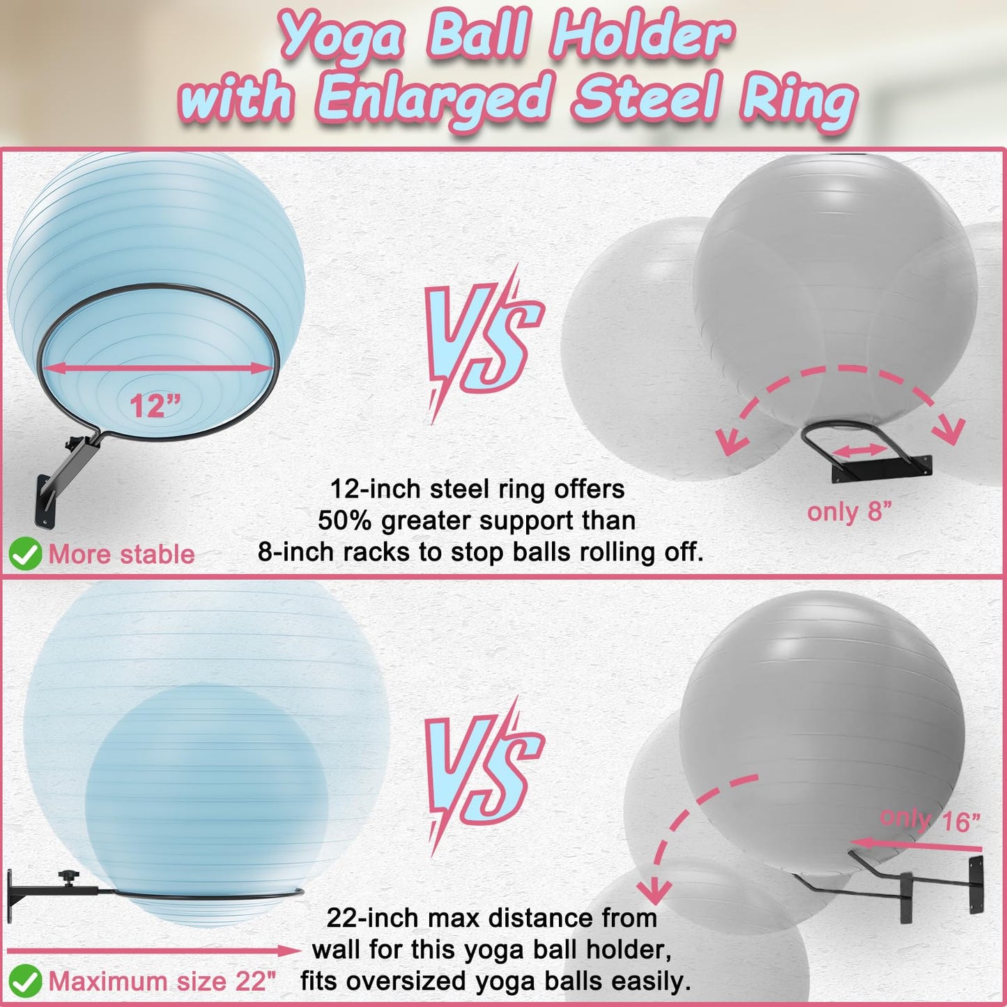 AILIBI Yoga Ball Wall Mount(2PCS), Adjustable Exercise Ball Holder,Compatible with 14 to 30 Inch Stability Ball, for Home Gym, Storage Room & Physical Therapy Clinic
