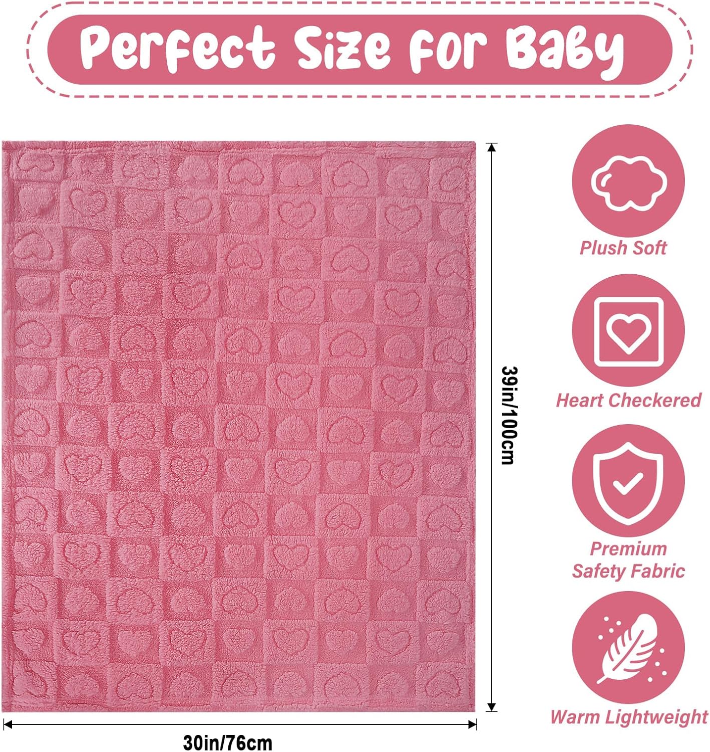 Skiennix Plush Soft Heart Checkered Baby Blanket - Warm, Lightweight Fleece for Infants | 30" x 39" Deep Pink