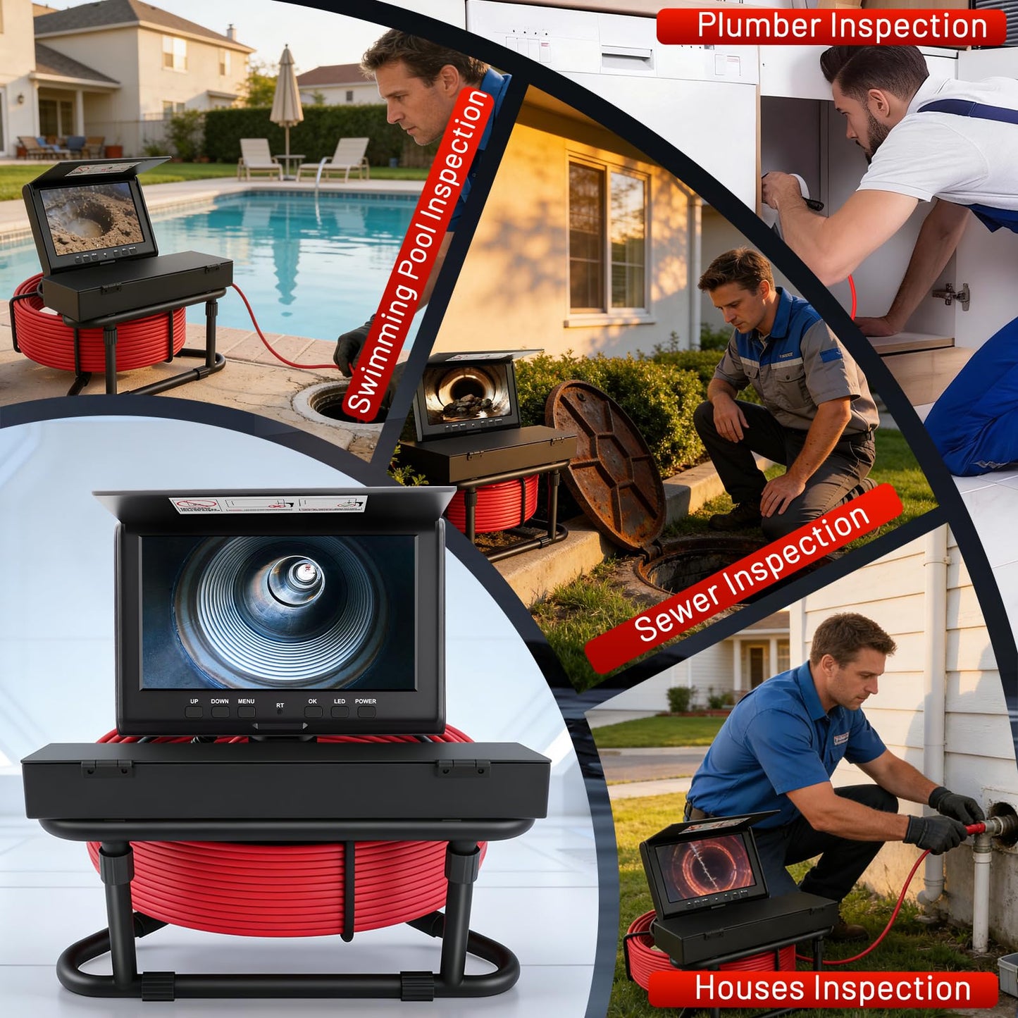 Sewer Camera with DVR Function,100FT/30M Pipe Drain Inspection Camera with 7" 1080P HD Screen, Snake Plumbing Cameras with 9 LED Lights, IP68, 32GB Card,Borescope for Duct Sewer Line Pipe Inspection