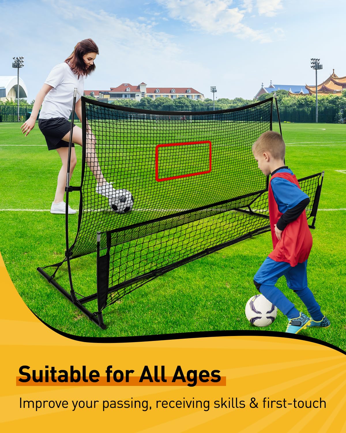 Soccer Rebounder 2In1, Large(7.2’x4’) & Small(7.2’x4’) Dual-Sided Soccer Rebound Net With 2Pcs Adjusted Freely Target, 6Pcs Metal Stakes & Carry Bag, Suitable for All Ages Team or Solo Soccer Training