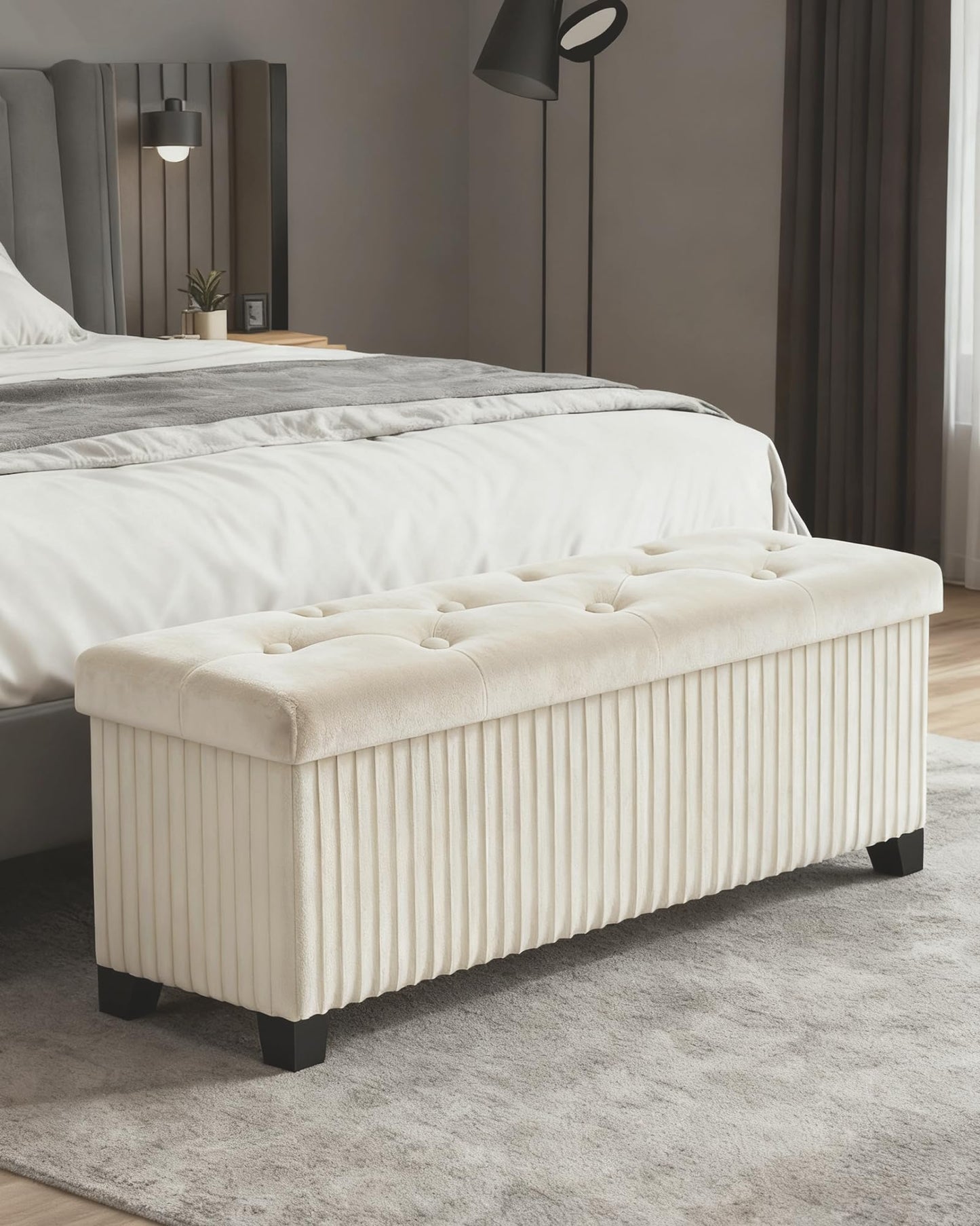 LITZFUR Storage Ottoman Bench, 43 Inch Foldable Ottoman with Legs, Velvet Foot Rest Stool, End of Bed Bench, Storage Chest for Living Room, Bedroom (Beige)