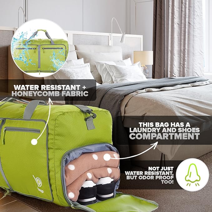 Bago Large Foldable Duffel Bags for Traveling Women & Men - 80L Packable Duffle Bag for Travel with Shoe Compartment - Water Repellant, Heavy Duty, Lightweight Folding & Collapsible (Green)