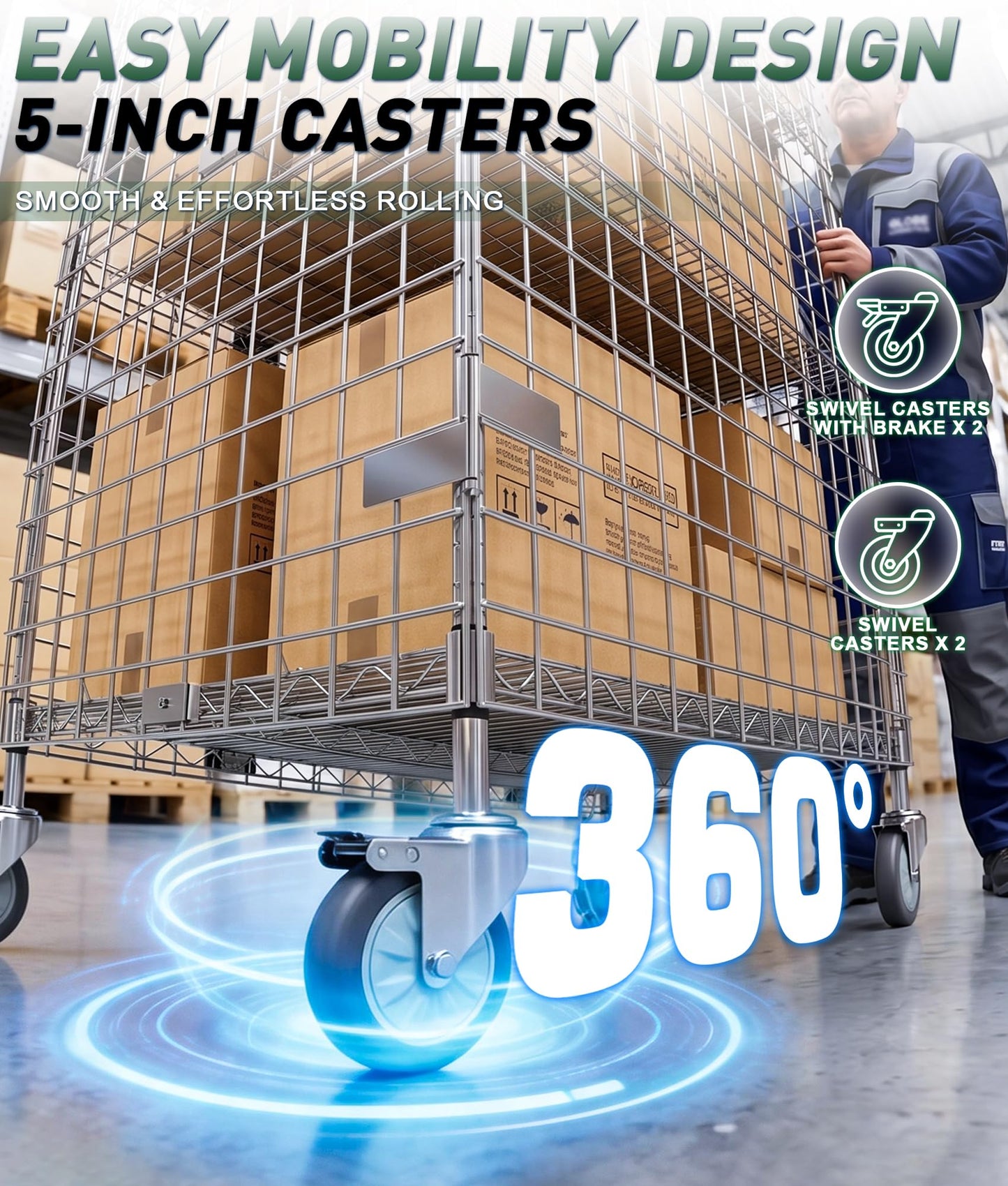 RALOZZD 3 Tier Commercial Grade NSF Solid Steel Wire Mesh Rack Storage Unit, Mobile Security Cage Kit with Lock, 24'' x 48'' x 71'', Organizer for Garage, Warehouse, Restaurant (48''L x 24''W x 71''H)