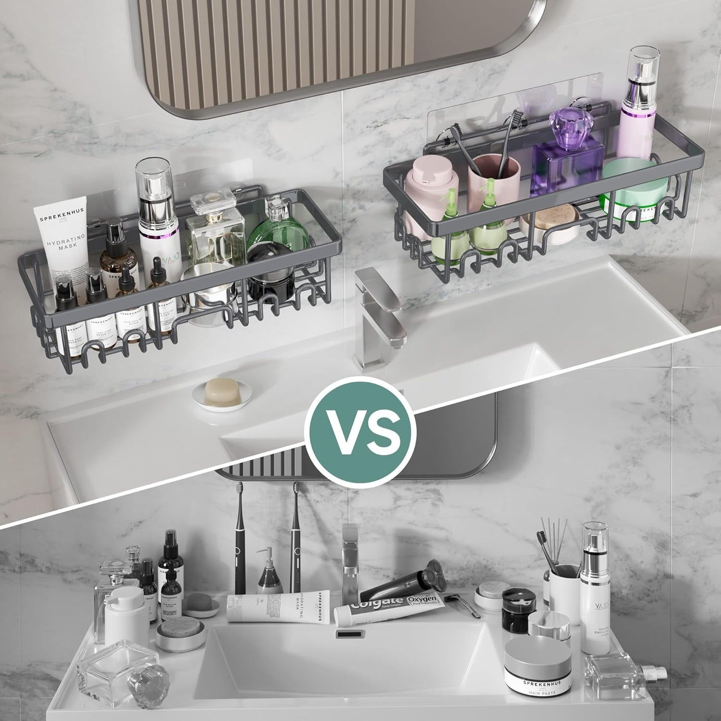 Veken Shower Caddy - Rustproof & Waterproof 6-Pack | No Drilling Adhesive Shelves, Large Capacity, Dark Grey
