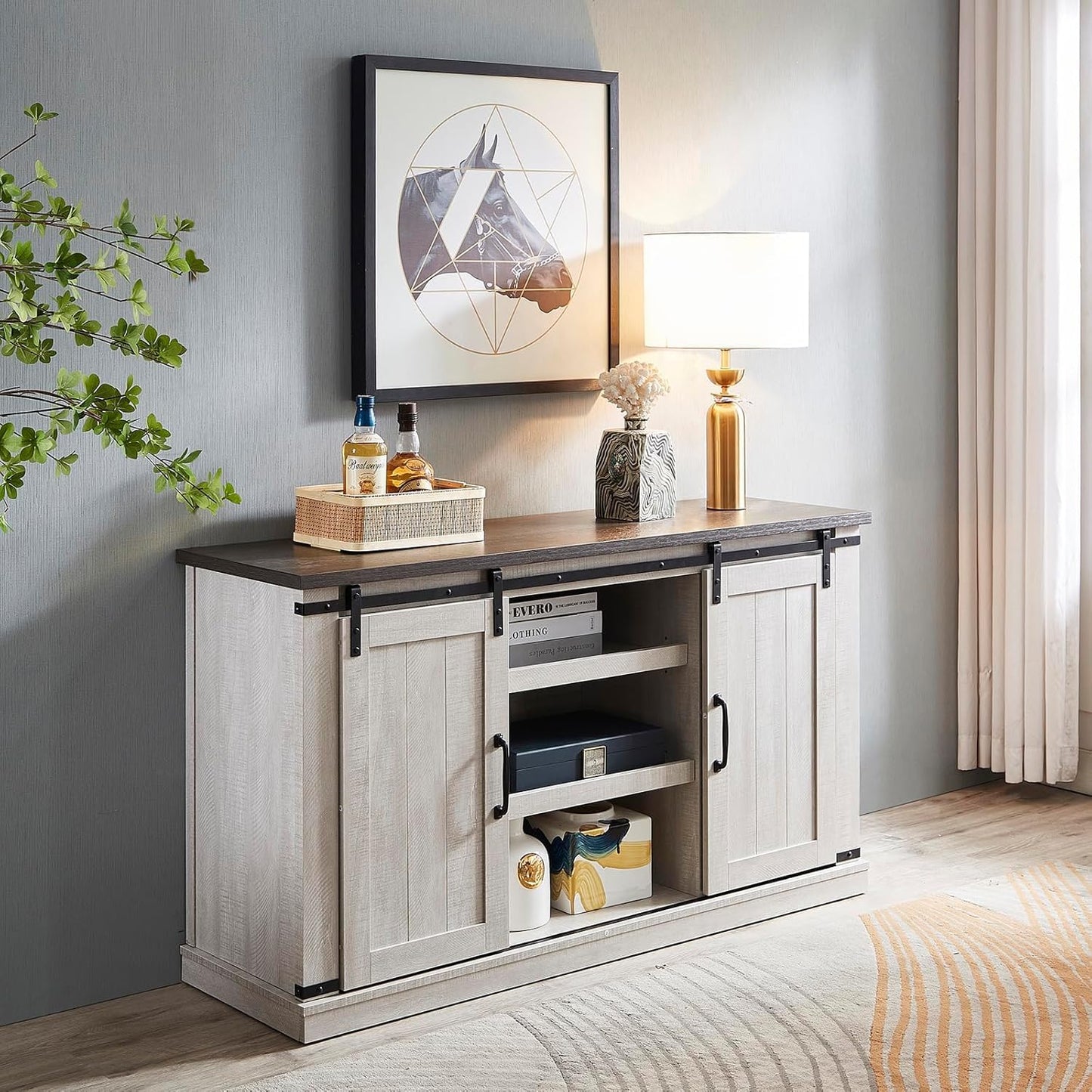 RICHSEAT Modern Farmhouse Wood TV Stand for TVs up to 65 Inch, Home Living Room Storage Table TV Stands Cabinet Doors and Shelves Entertainment Center, Stone Grey