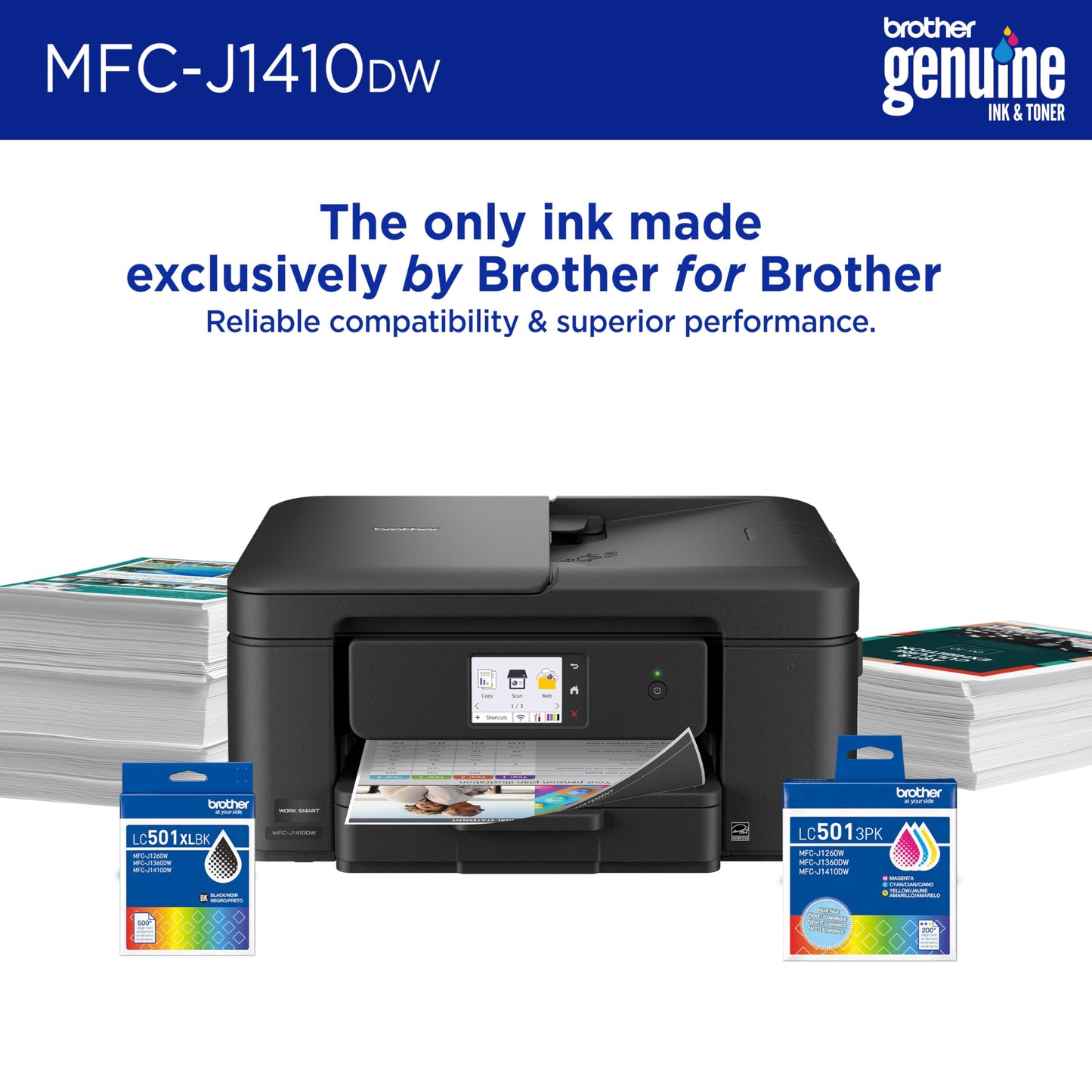 Brother Work Smart 1410 Wireless Color Inkjet All-in-One Printer with 2.7” Touchscreen and Automatic Duplex Printing | Includes Refresh Subscription Trial(1) (MFC-J1410DW)