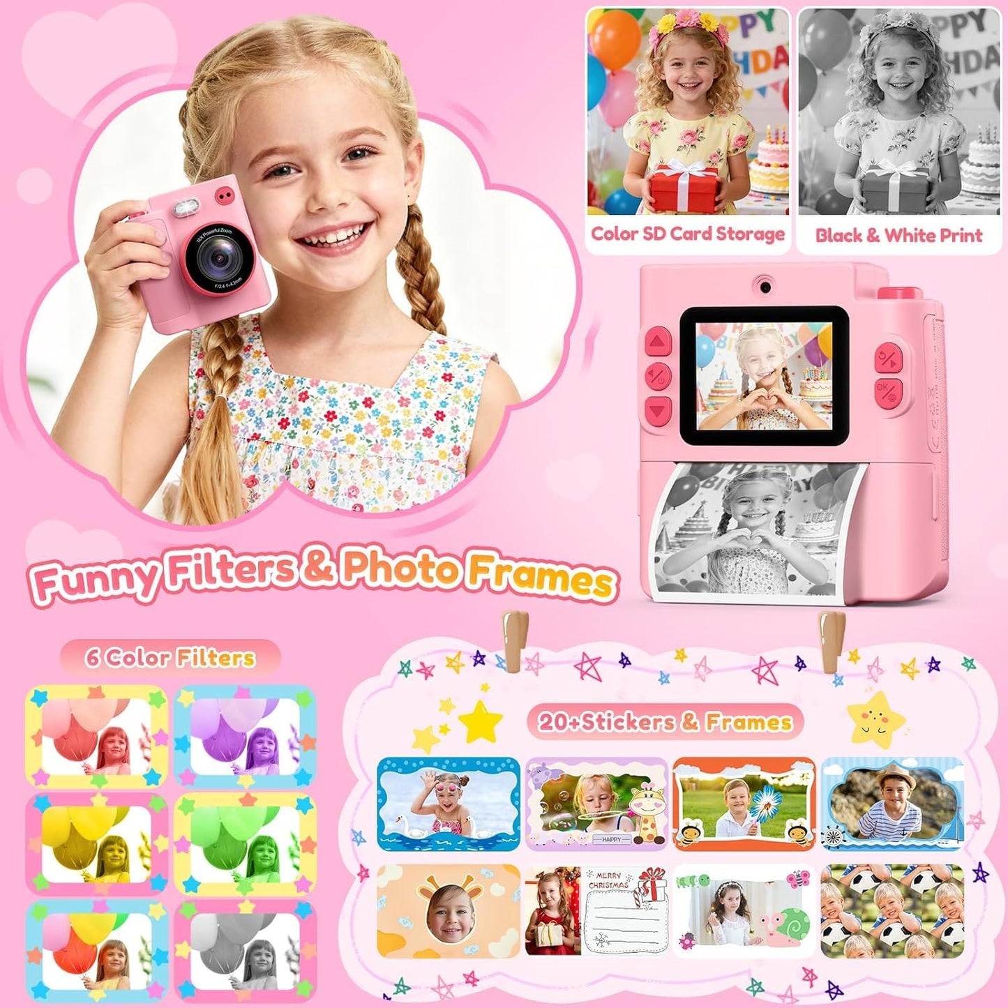 Yunaking 3-12 3 4 5 6 7 8 9 10 32G Gift for Girls Kids Camera: Instant Print Dual Lens Digital Camera Toys for Girl