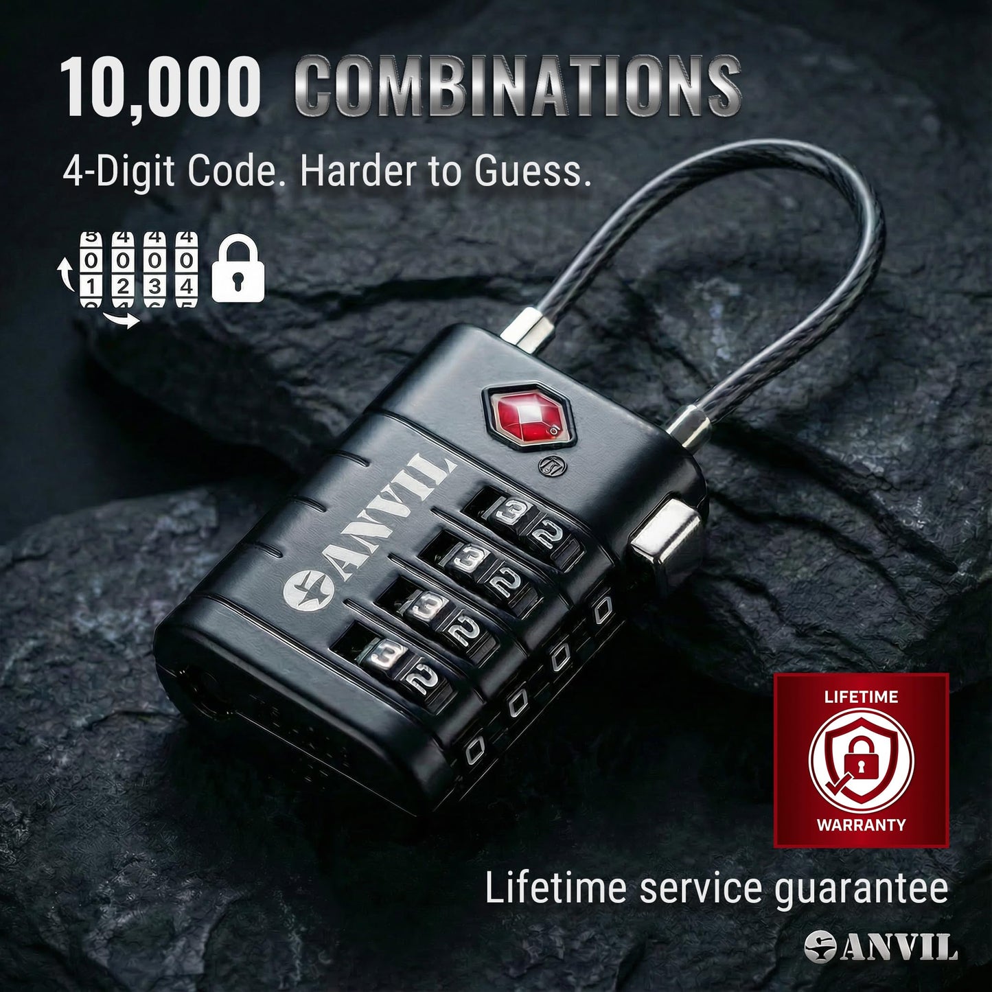 ANVIL TSA Approved Luggage Locks with Search Alert Indicator, 4-Digit Combination Suitcase Lock, Advanced TSA008 Core Heavy Duty Anti-Theft Travel Lock for Double Zippers, Backpacks (8, Black)