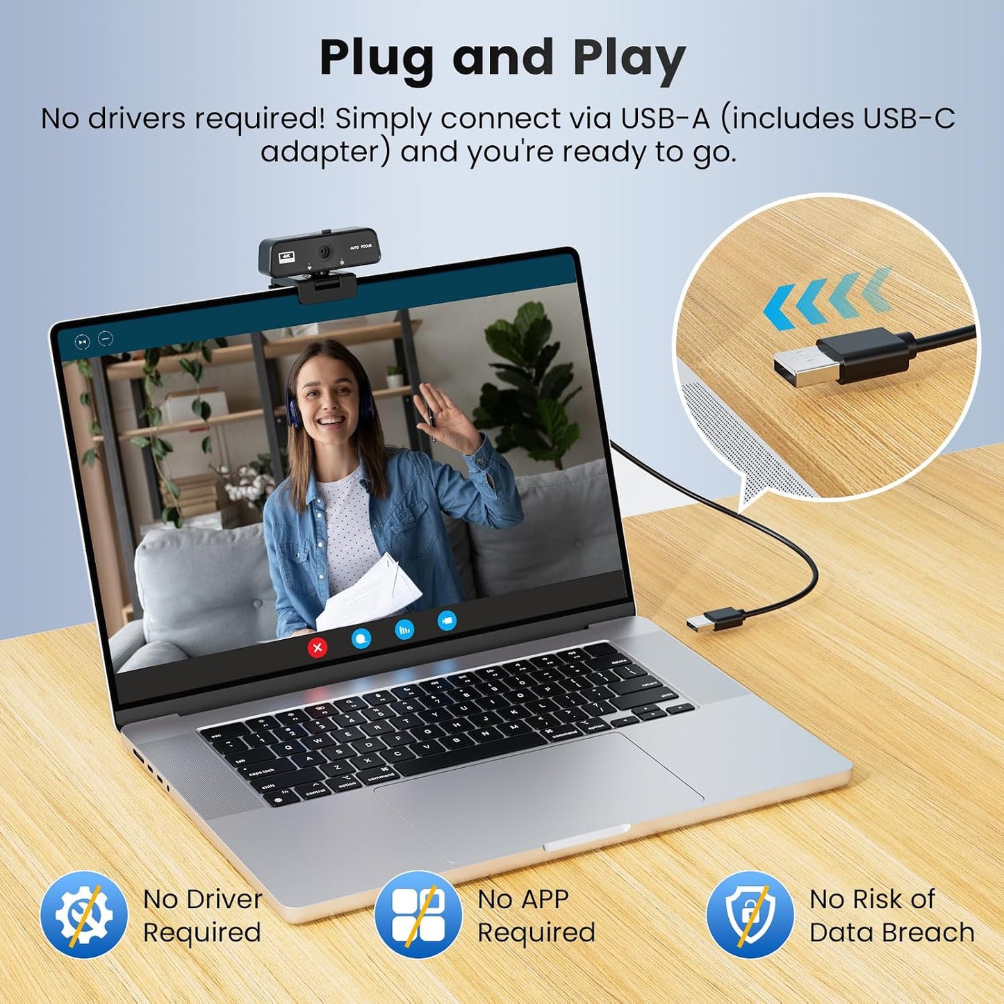 cbeyook 4K 90 Basic Autofocus Webcam, Wide Angle Computer Camera with Adjustable Monitor Clip, Built-in Mic & Plug
