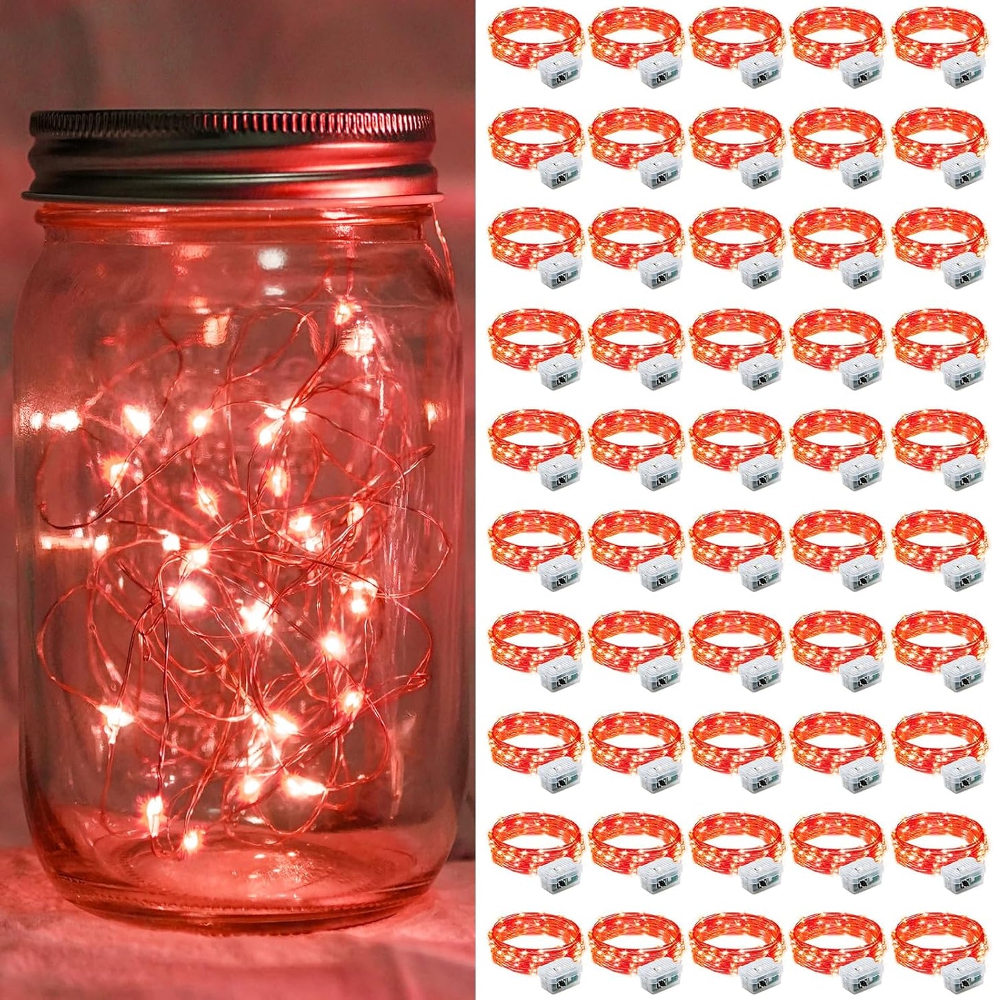 Skiennix 50 Pack Red Fairy Lights - 7Ft 20 LED Twinkle String Lights | Battery Operated & Waterproof for Parties, Halloween, Christmas, and Valentine's Day
