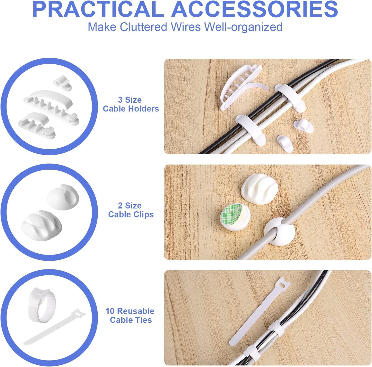Naeety Set Cable Organizer Box of Three, Power Cover Cord Holder Surge Protector for Desk (White)