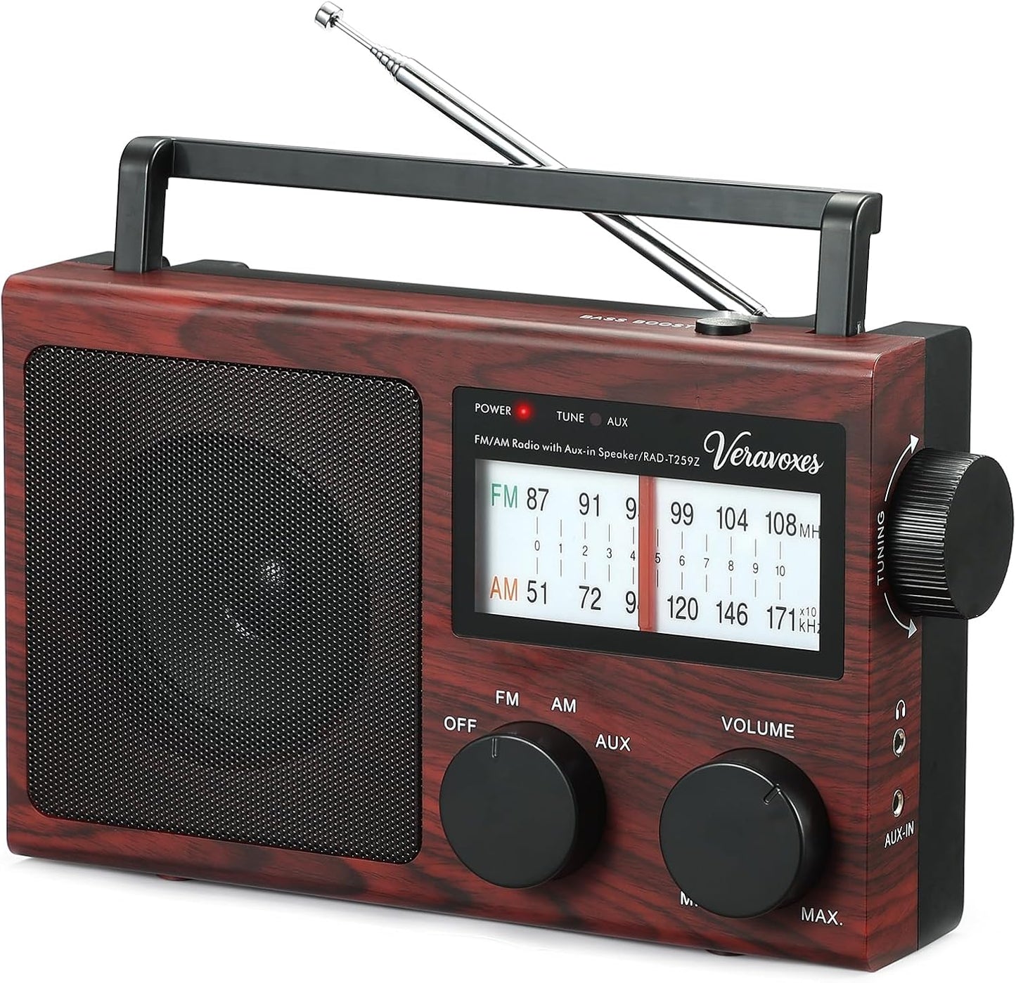 Veravoxes Portable AM/FM Radio with Bass Control, Equipped with a Built-in high-Power Speaker, Headphone Jack, and AUX