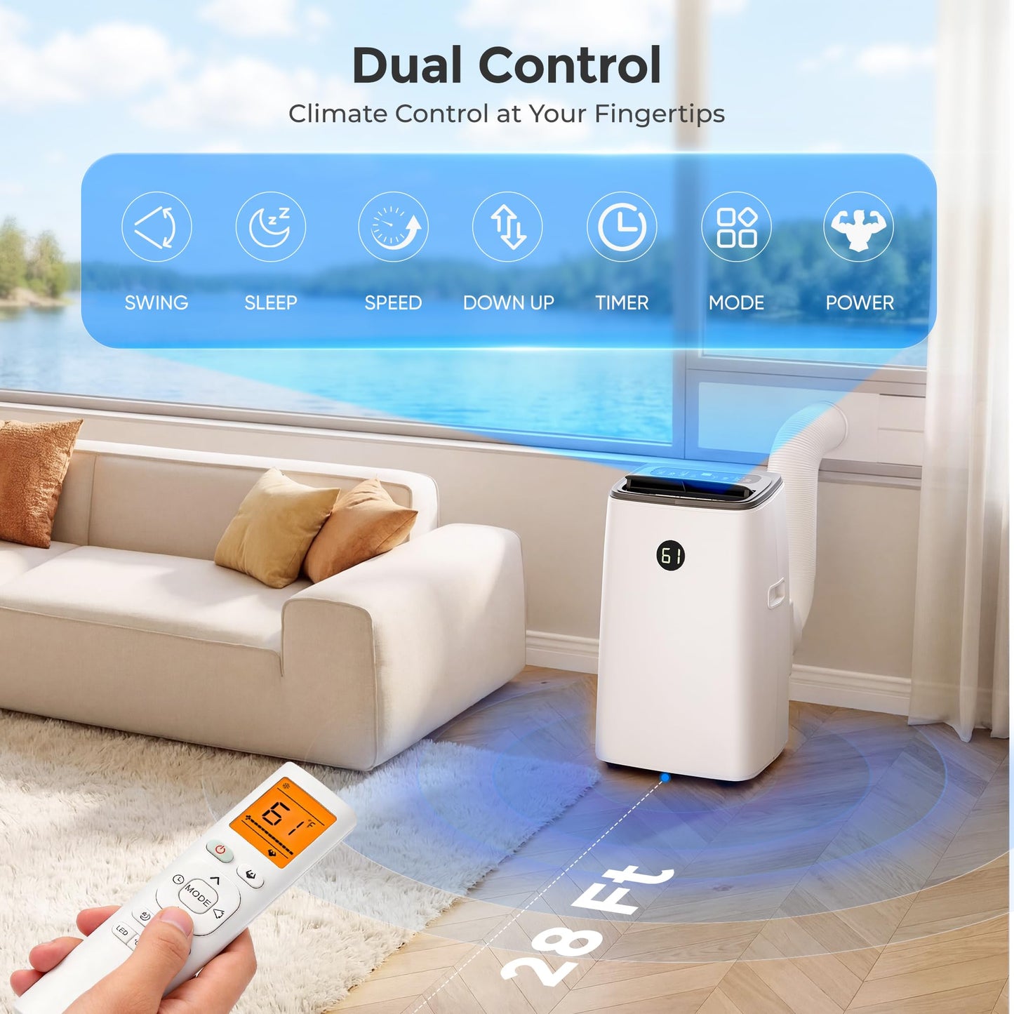 AGTANA 14000 BTU Portable Air Conditioner for Large Room up to 700 Sq. Ft, 3-in-1 Self-Evaporating AC with Fan & Dehumidifier, Floor Standing Portable AC Unit with Remote Control, Auto Swing, White
