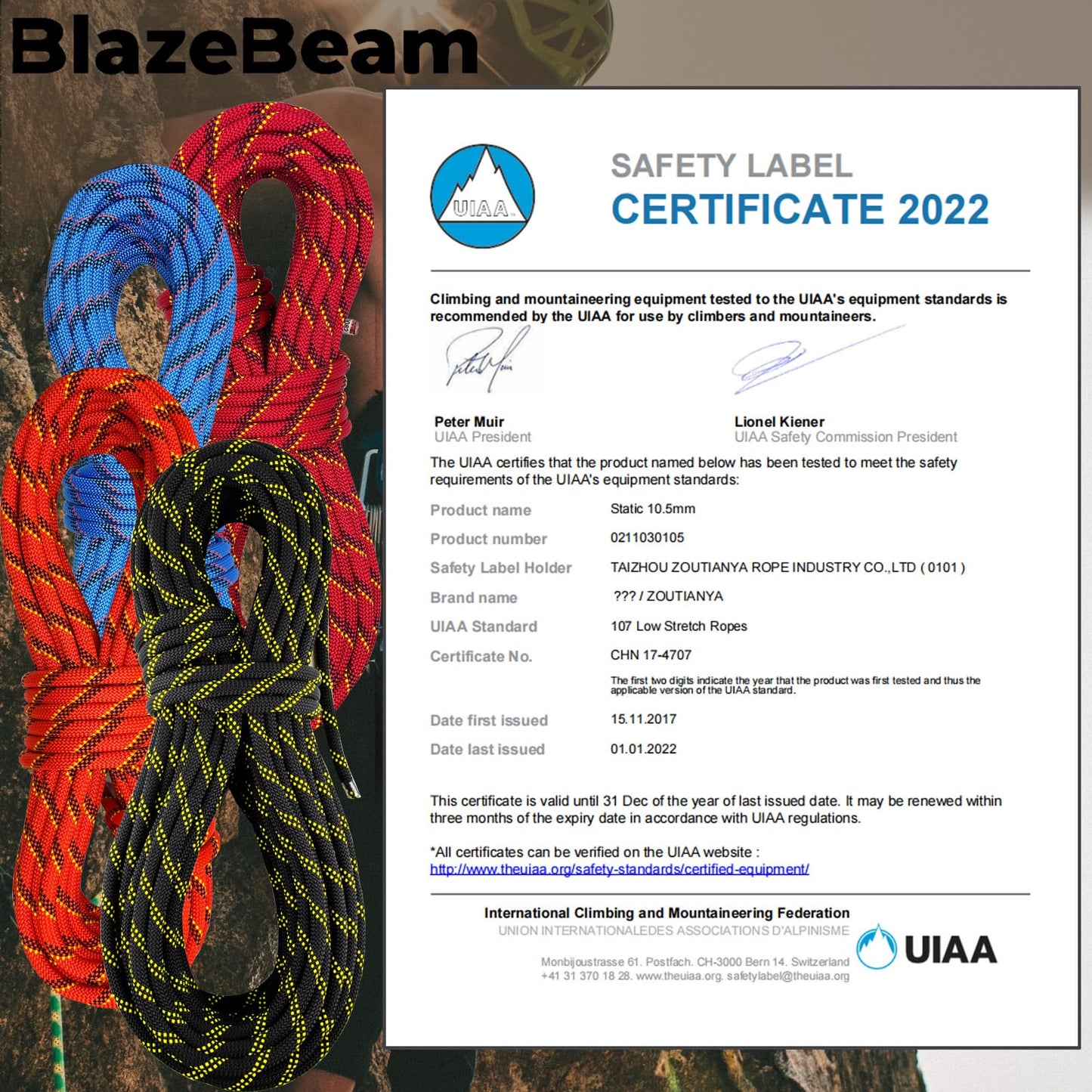 BlazeBeam Static Climbing Rope 10.5mm UIAA Static Line Rappelling Rope 15M (50ft) Nylon Kern Mantle Rope for Escape Rope Rock Climbing, Mountain Tree Climbing, Hauling, Rescue