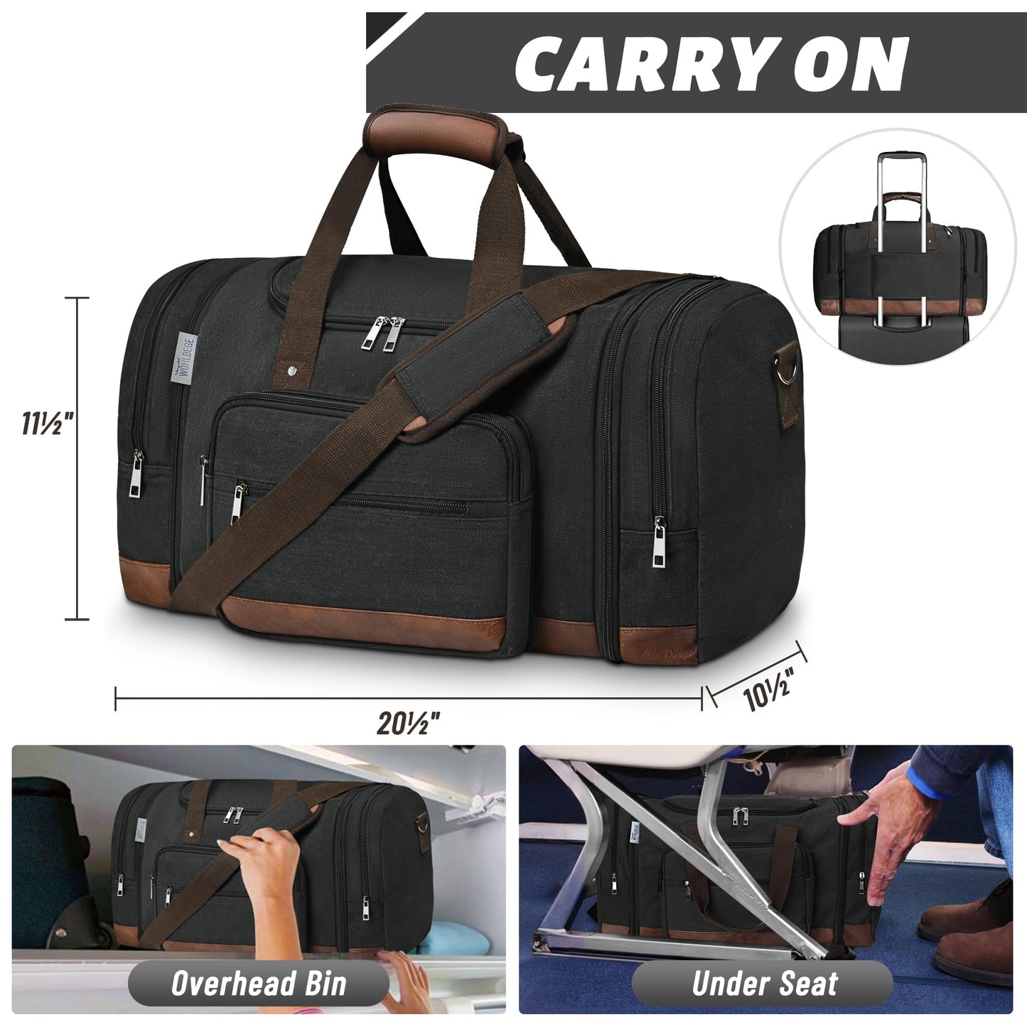 Wohlbege Duffle Bag for Travel,Overnight Weekend Gym Carry On Luggage Bag, 50L Canvas Travel Duffel Bag for Men Women, Expandable Spacious Travel Duffel Bag, Black