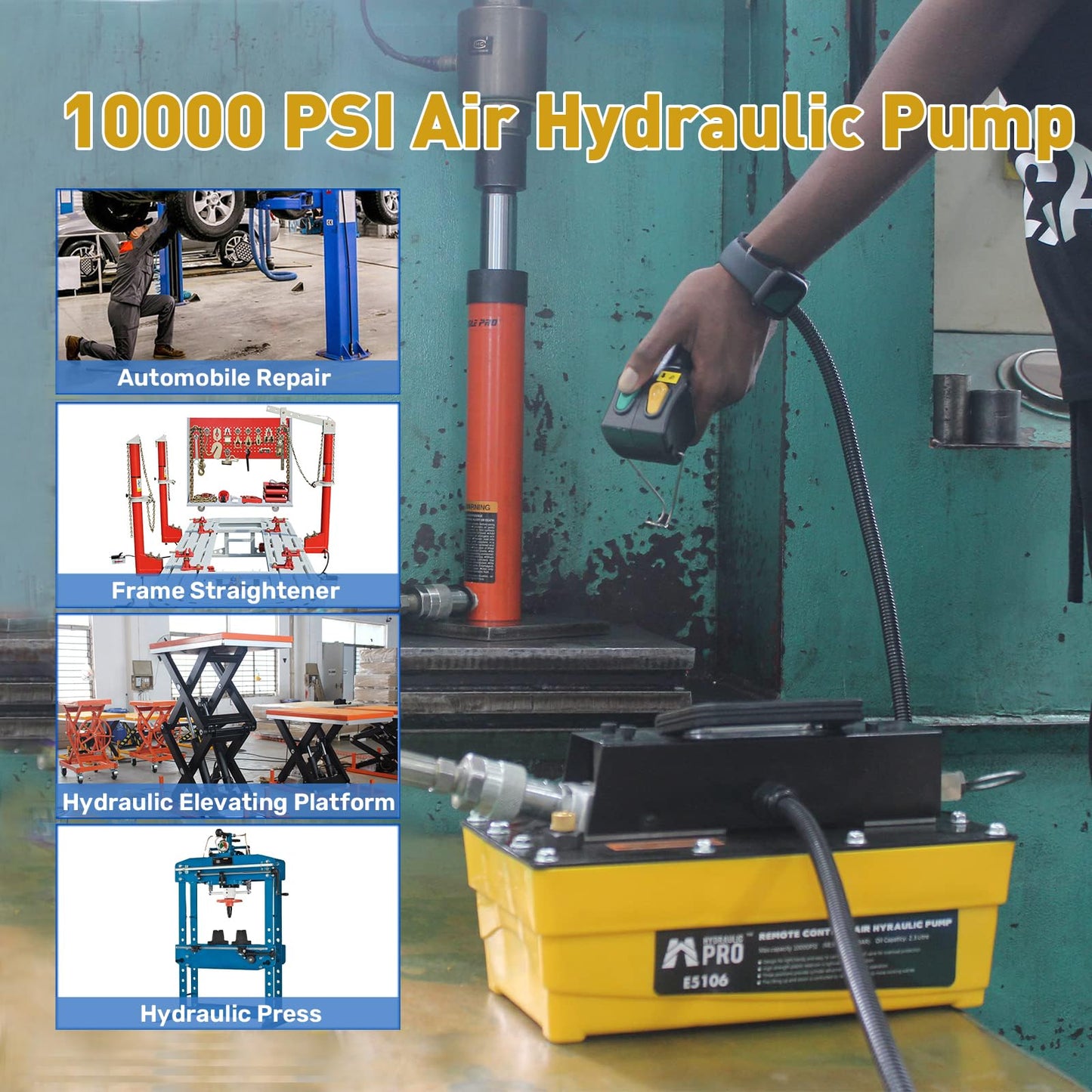 HYDRAULIC PRO 10,000 PSI Air Hydraulic Pump with 9.8 ft Remote Control, 2.3L Reservoir, NPT 3/8" Oil Outlet, NPT 1/4" Inlet, for Auto Body Frame Machines, Hydraulic Press