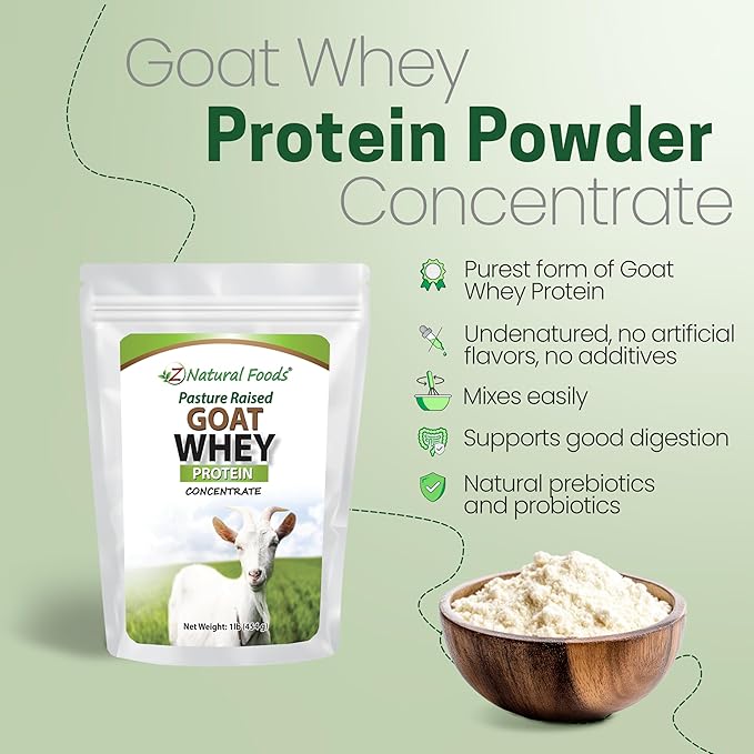 Z Natural Foods Goat Whey Protein Powder Concentrate - Undenatured, Unflavored, Pasture Raised Whey - Clean Goat Protein Powder with Vital Proteins for Weight Management, Immune Support, Fitness, 1 lb
