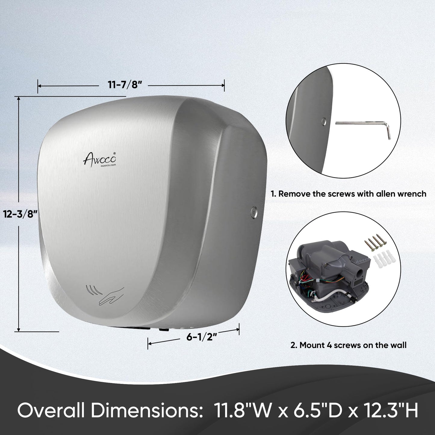 Awoco Heavy Duty Stainless Steel 1450W 120V Automatic High Speed Commercial Hand Dryer, UL Listed (Standard)