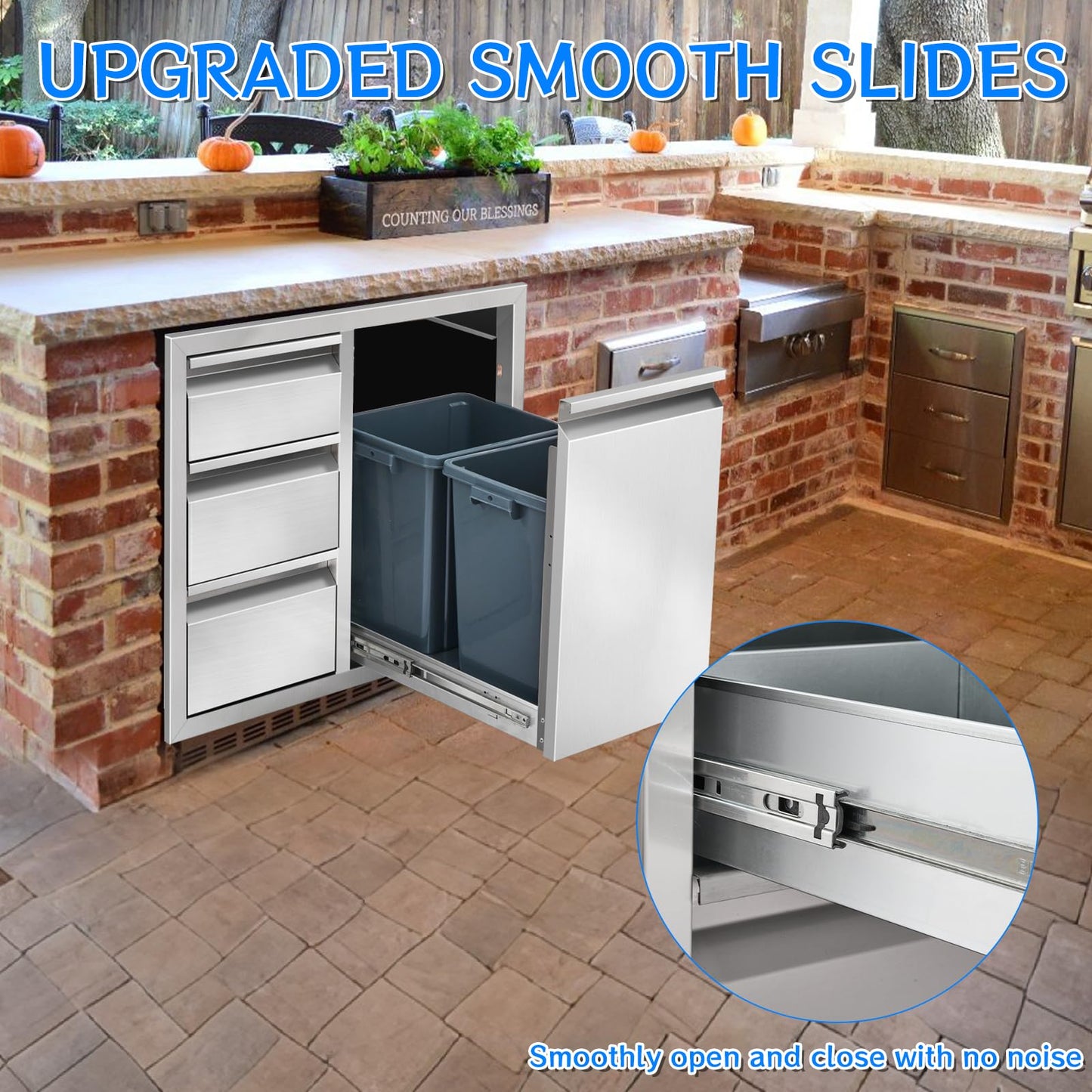 Duluciate Outdoor Kitchen Drawer Combo, Stainless Steel Triple Drawer Cabinet with Built-in Trash Bin Drawer & Two Trash Cans, 28" W x 22" H x 19.5" D Outdoor Kitchen Storage for BBQ Grill Islands