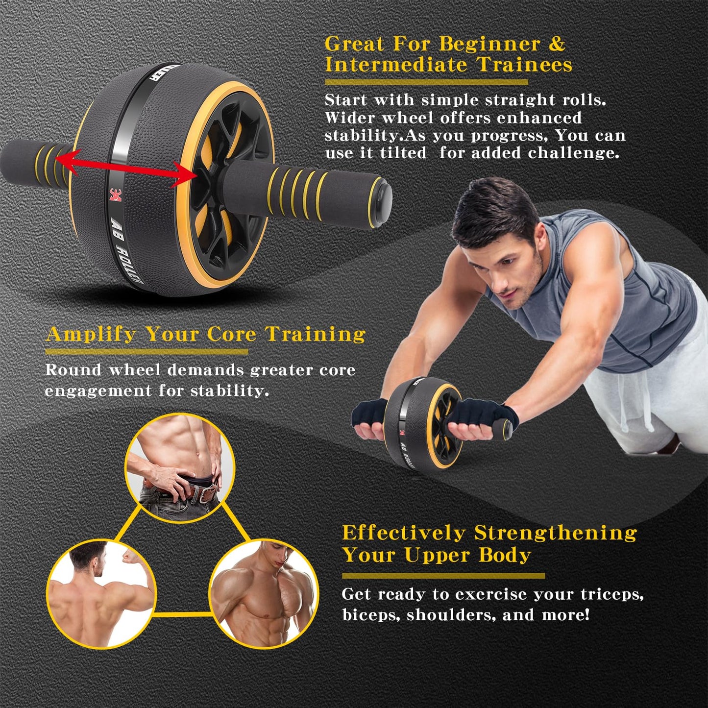 FEELCAT Ab Roller Wheel,Stable Wide Wheel For Beginner,Men,Women,Abs & Core Workout Equipment For Home Gym With Knee Pad,Abdominal Wheel For Full-Body Strength Training (Yellow curved wheel)
