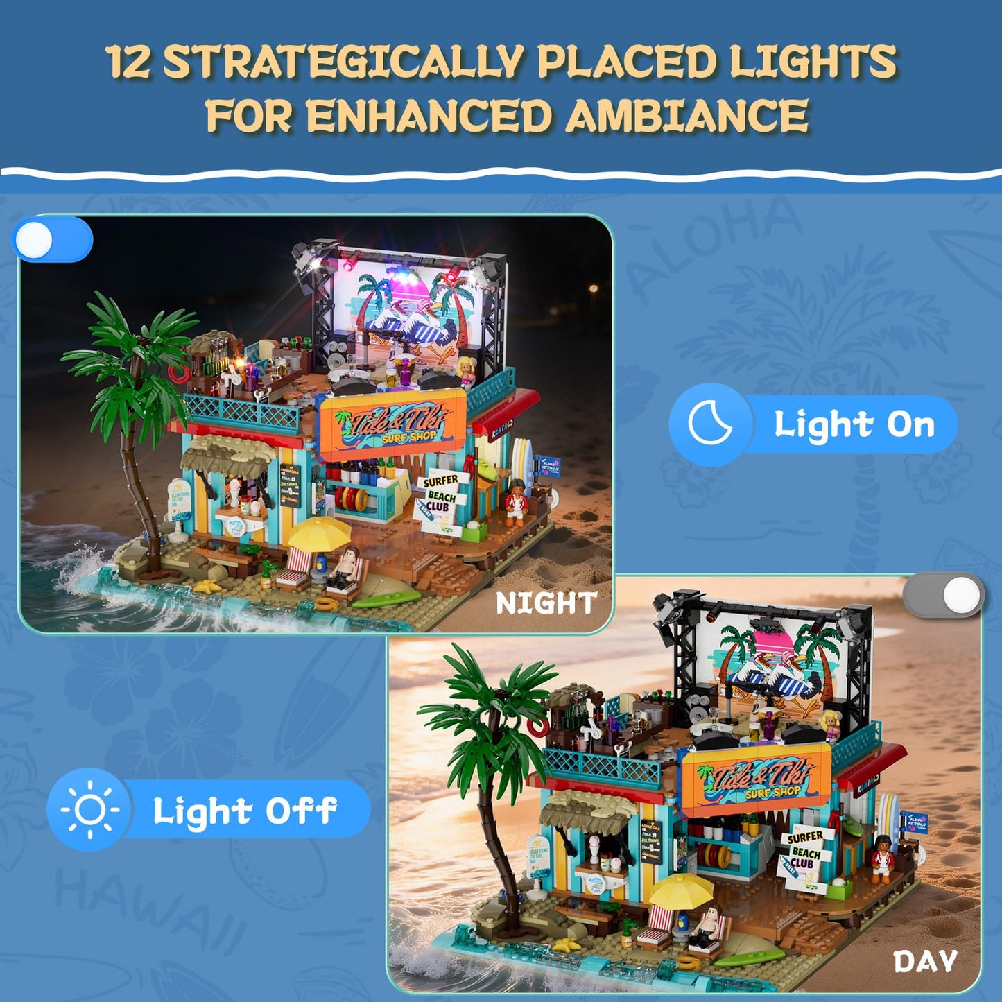Lumibricks Surf Shop Lighting Building Bricks Set - Coast Club Modular Collection Display Kit with LED and Minifigures 1752 Pcs for Adults & Teens & Marine Enthusiasts