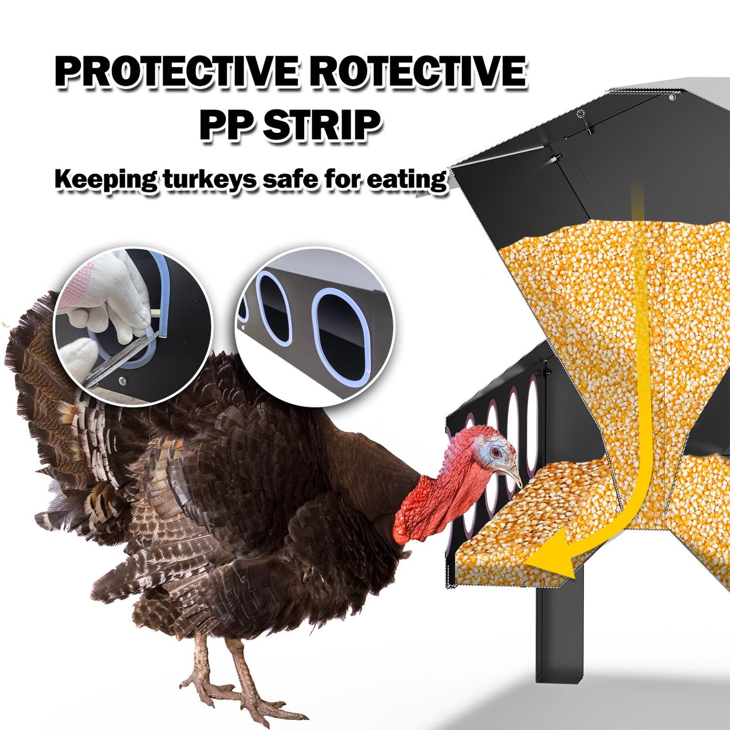 BUYYAH 50-100LB Capacity Turkey Feeder, 10-Port Waterproof Chicken Feeder, Indoor Outdoor Uses, Black