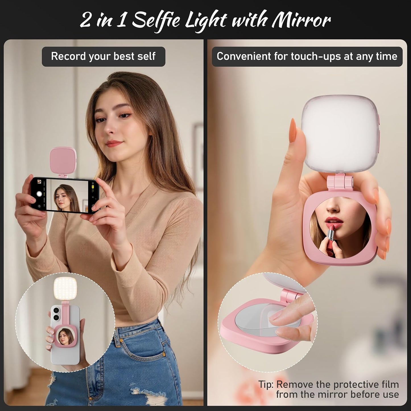 cocobeen 5 Magnetic Selfie Light for Phone: Led Mode with Mirror Compatible for iPhone & Android - Rechargeable