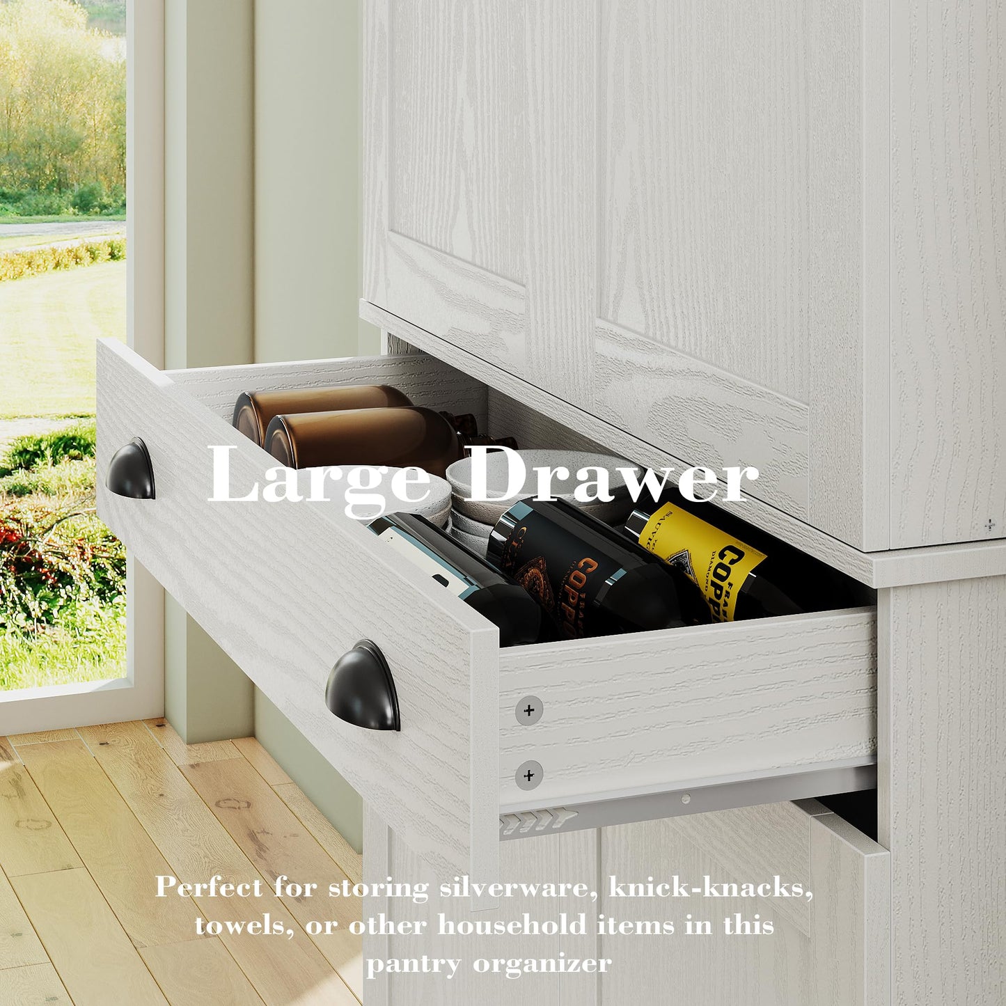 IRONCK Kitchen Pantry Cabinet 72" Height, Freestanding Cupboard with Drawer, Sliding Storage Rack, and 6 Hanging Shelves for Dining Room, Laundry, White