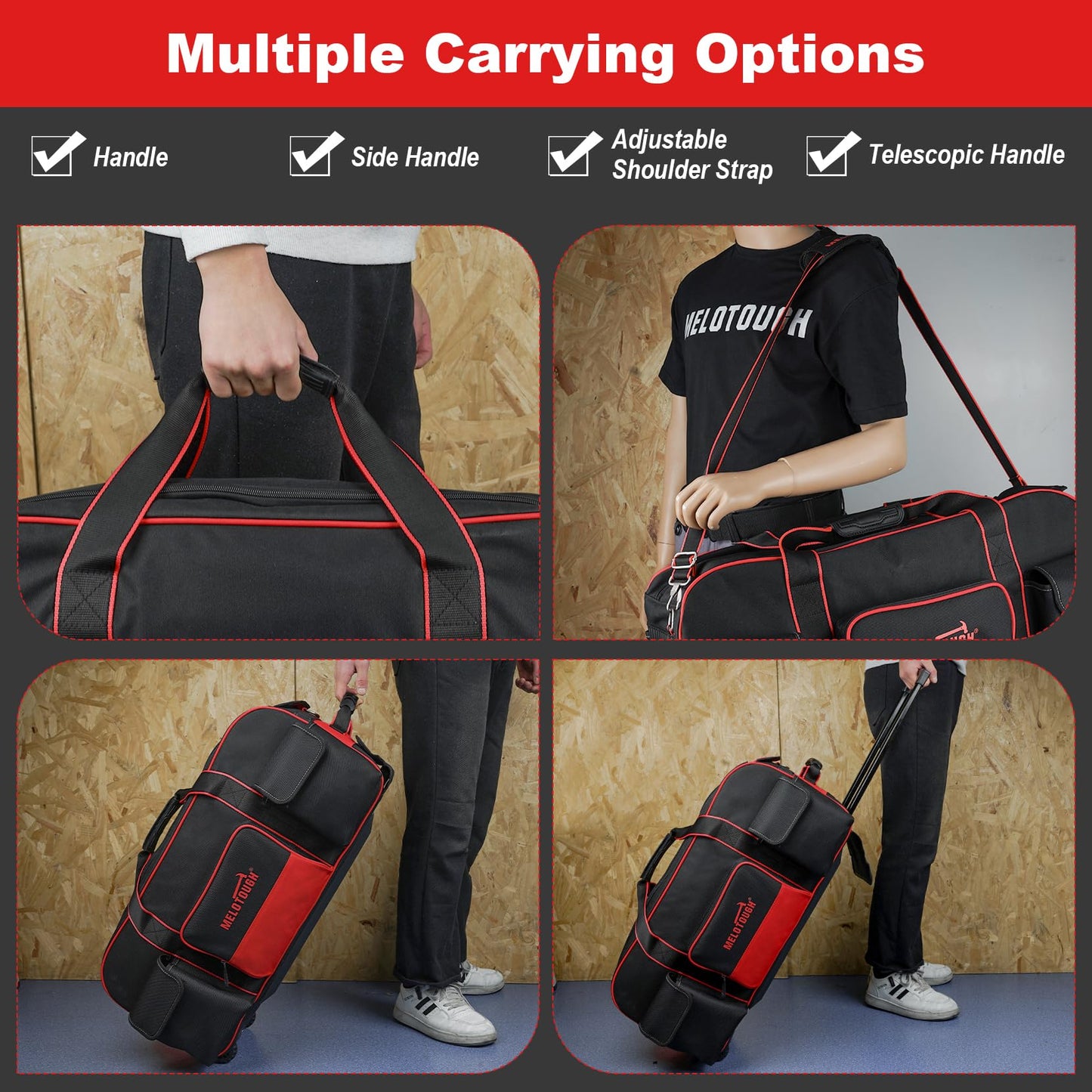MELOTOUGH Rolling Tool Bag with Wheels,Large Capacity Tool Bag Organizer with Concealed Telescoping Handle for Electrician,Construction,HVAC,Technician (Red/Black)