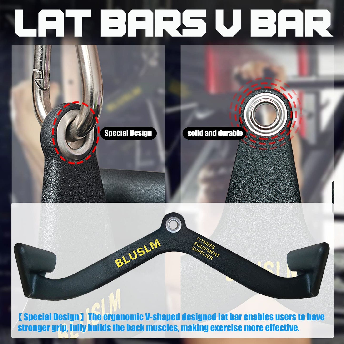 BLUSLM LAT Pull Down Bar for Cable Machine, LAT Pulldown Attachments T-bar V-bar Cable Attachment for Gym, Back Tricep Strength Training Handle