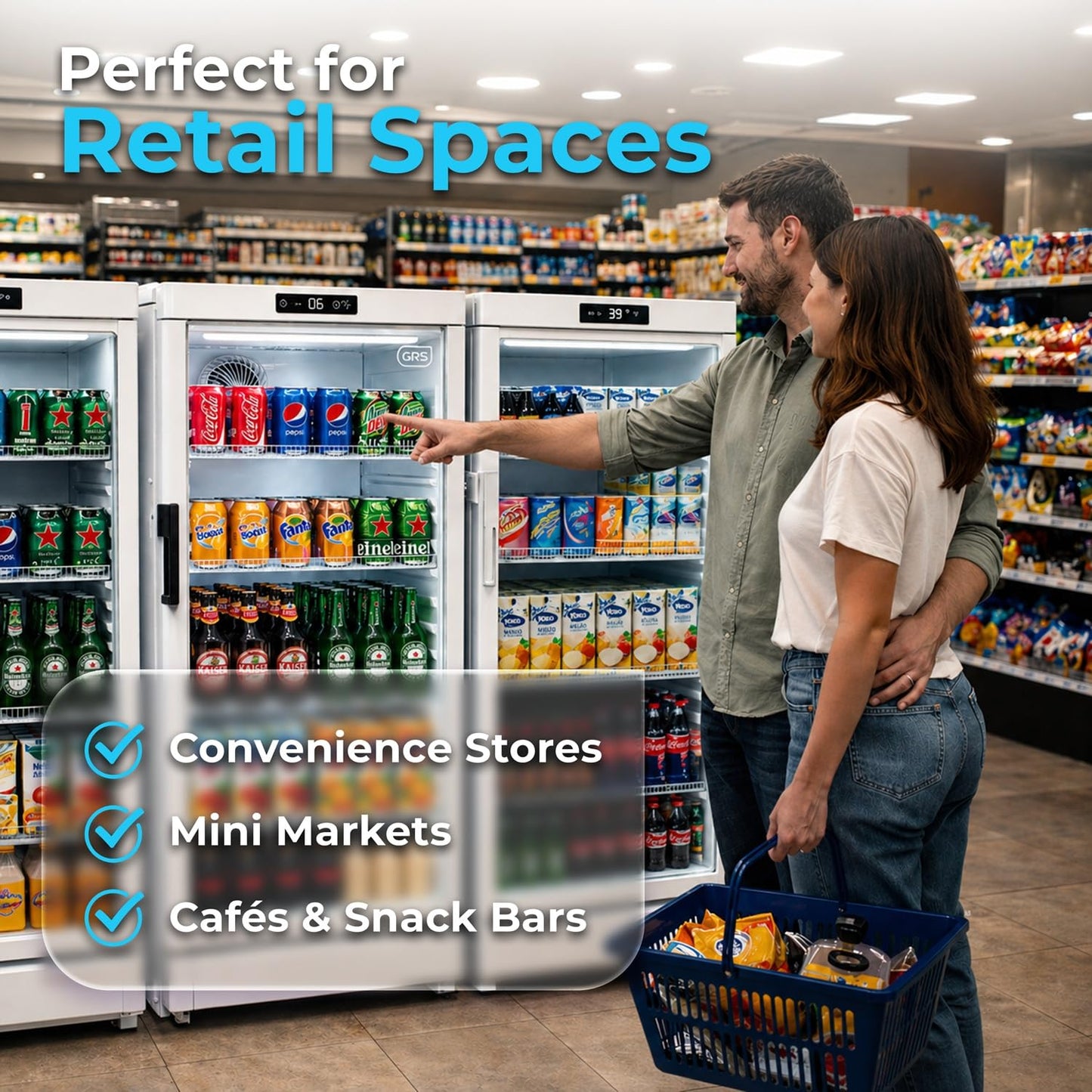 GRS Commercial Display Refrigerator with Glass Door Lock | Cool Air Flow & Temperature | Beverage fridge, Drink and Wine Cooler with Adjustable Display Shelf for Stores and Bars | Silver, 7.1 Cu. Ft